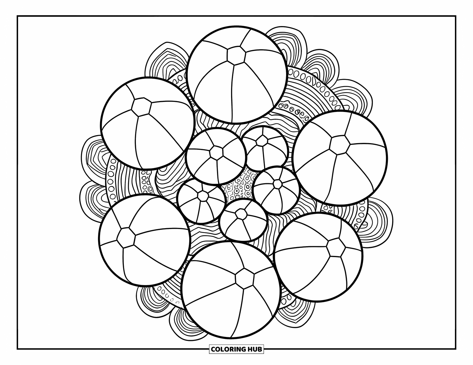Strandbal Kleurplaat voor Volwassenen: Een cirkelvormig patroon van strandballen dat een hypnotiserend en ingewikkeld mandala-ontwerp vormt