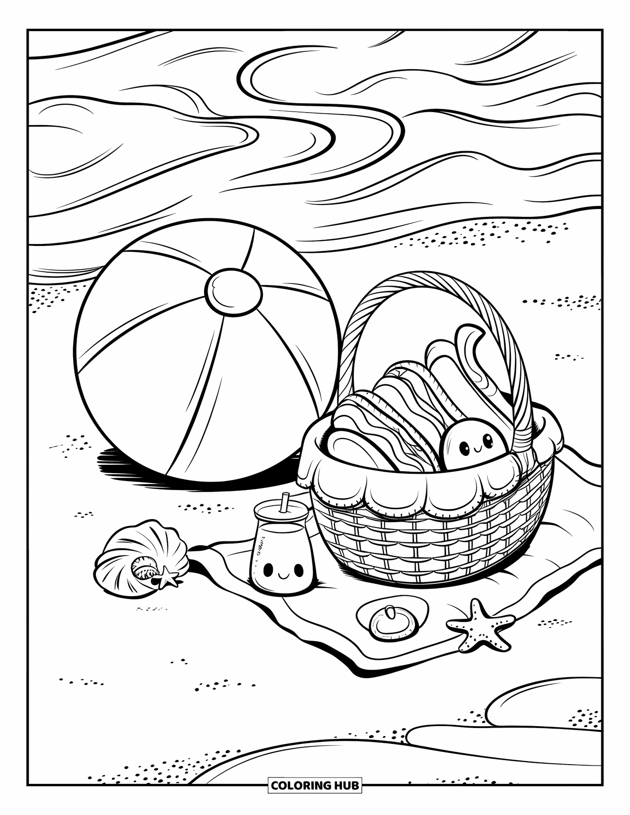 Strandbal Kleurplaat voor Volwassenen: Een gezellige strandpicknick scène met een kawaii strandbal naast een mand met snacks en fruit