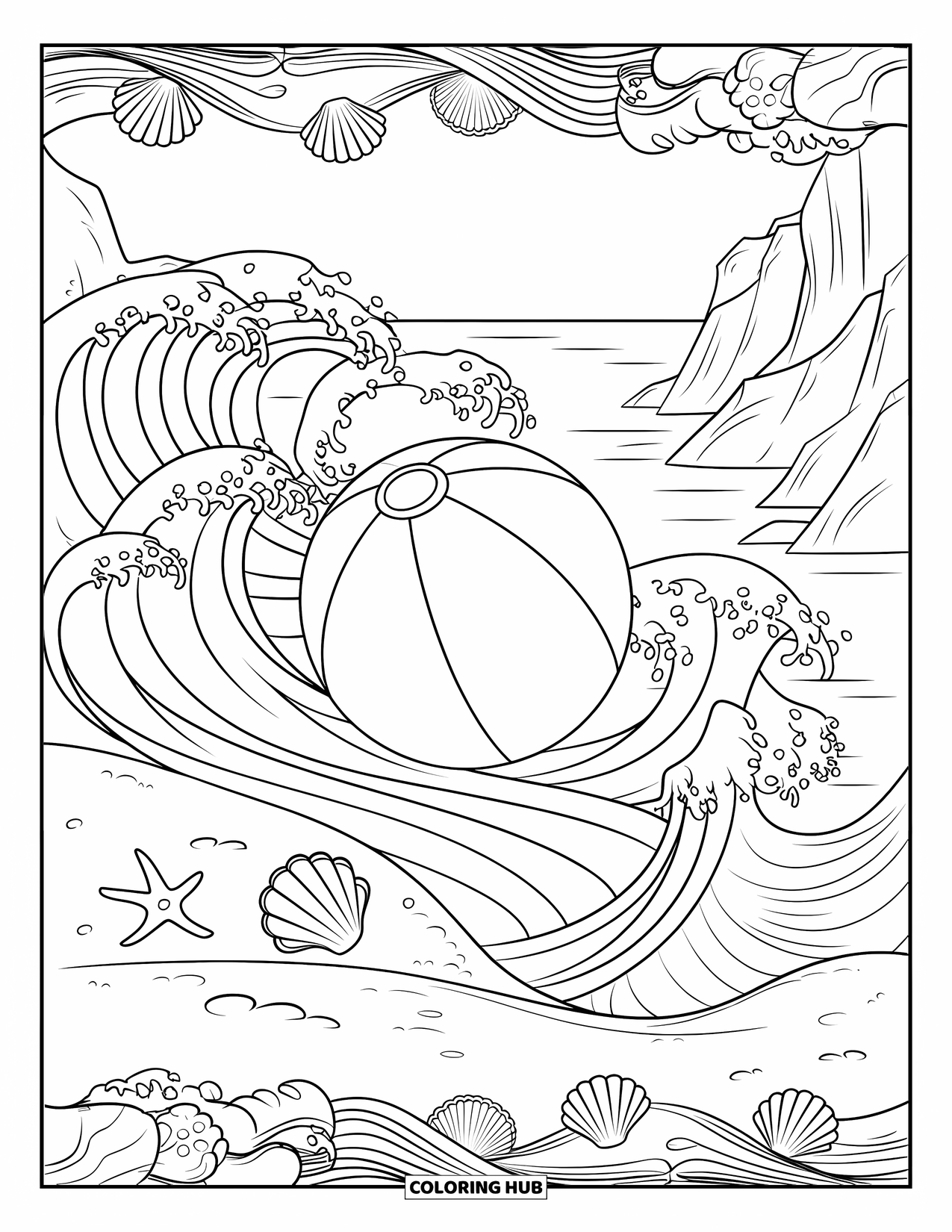 Strandbal Kleurplaat voor Volwassenen: Een decoratieve scène van een strandbal in schuimende golven, met een zeester en schelp in de buurt