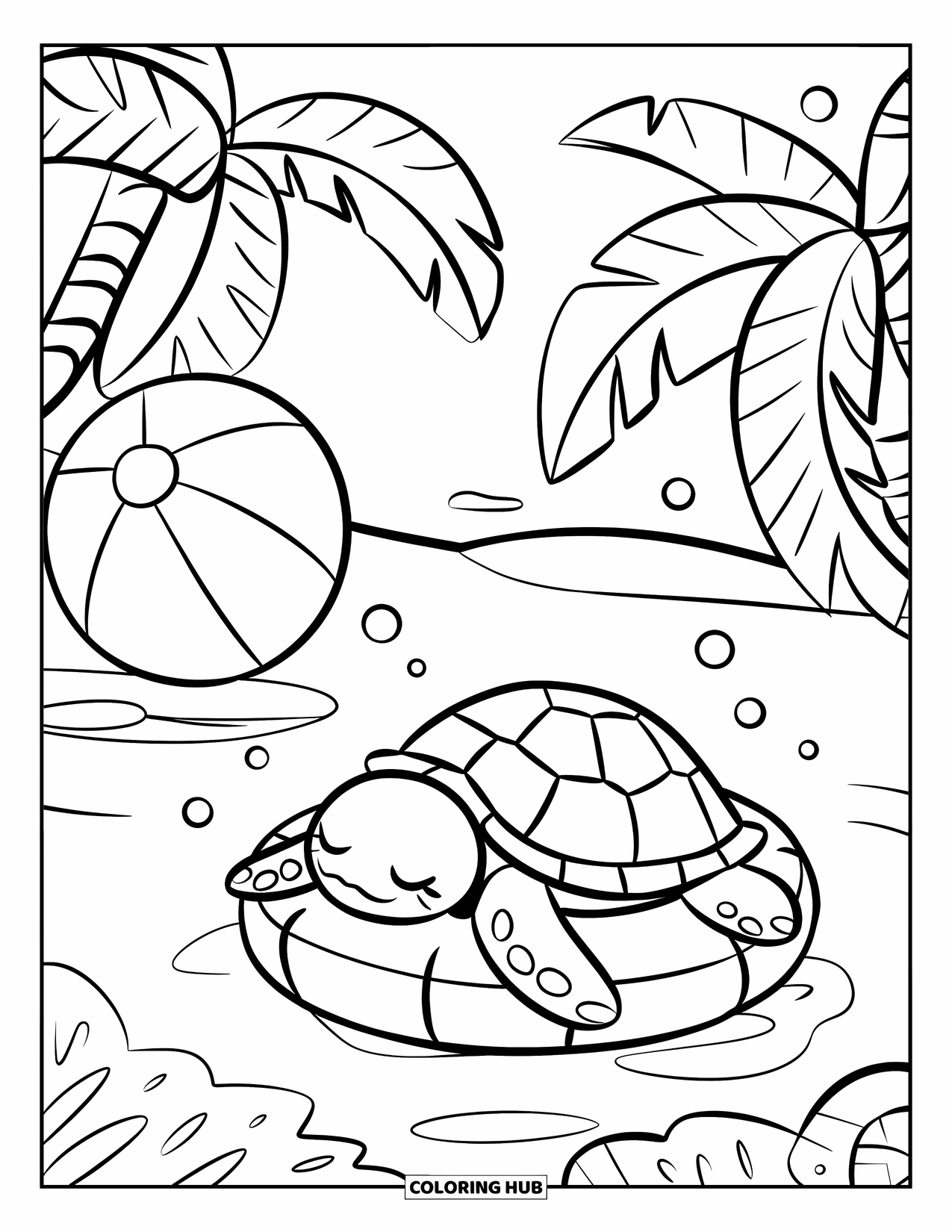 Strandbal Kleurplaat voor Volwassenen: Een drijvende strandbal die vredig in een rivier drijft, met een schildpad die op een zwembad drijft