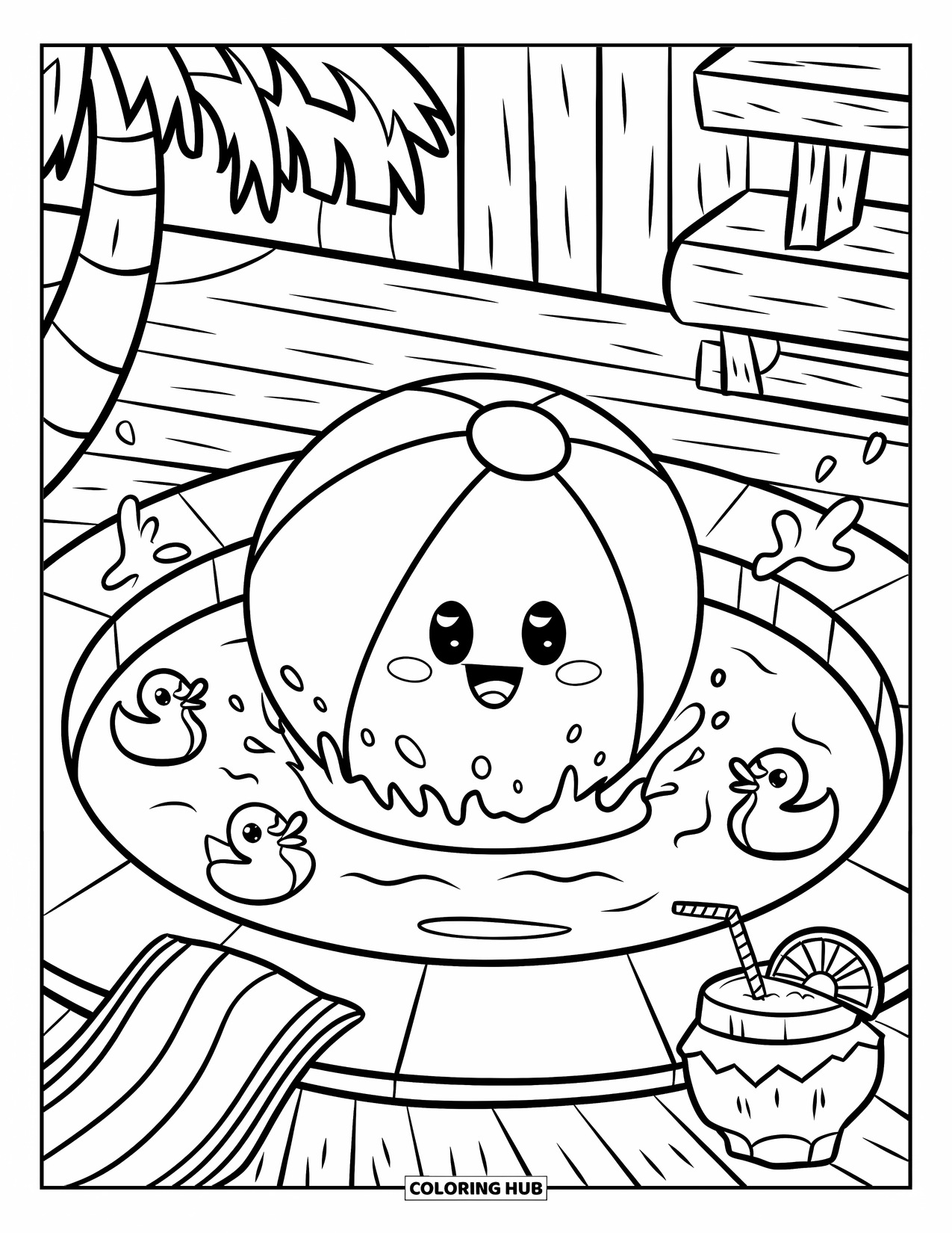 Strandbal Kleurplaat voor Volwassenen: Een drijvende strandbal in een gezellig zwembad, omringd door rubber eendjes, een handdoek en een palmboom