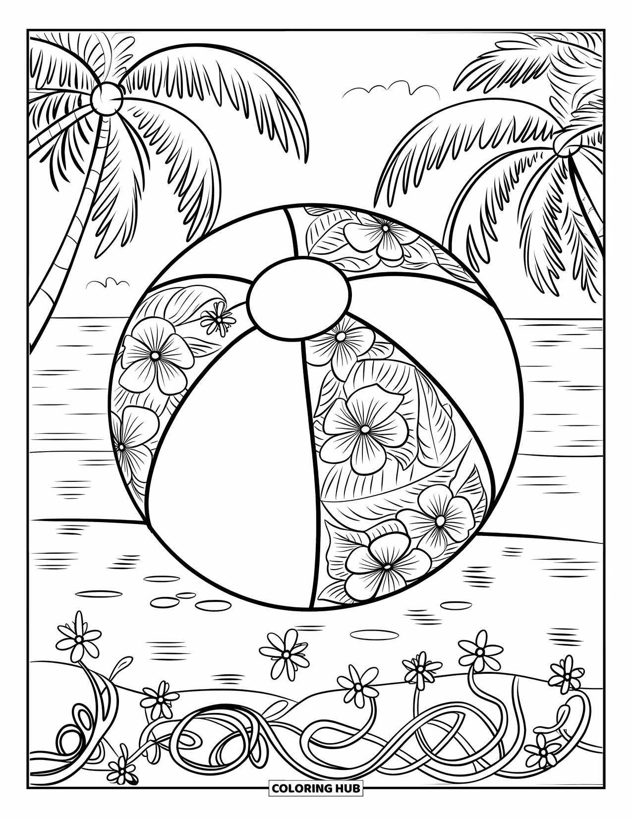 Strandbal Kleurplaat voor Volwassenen: Een strandbal met bloemenpatroon die rust in een tropische omgeving met palmbomen en golven