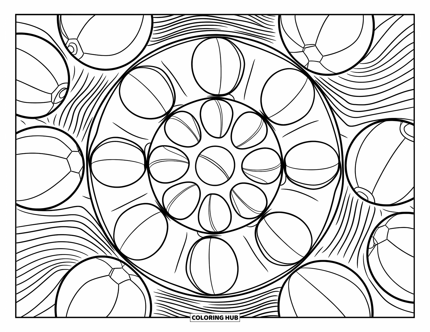 Strandbal Kleurplaat voor Volwassenen: Een geometrisch strandbal ontwerp gerangschikt in een complex, symmetrisch cirkelvormig patroon