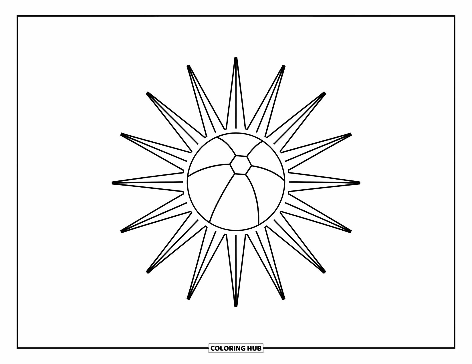 Strandbal Kleurplaat voor Volwassenen: Een geometrische zonnestraal met een strandbal in het midden, met strakke en heldere contouren