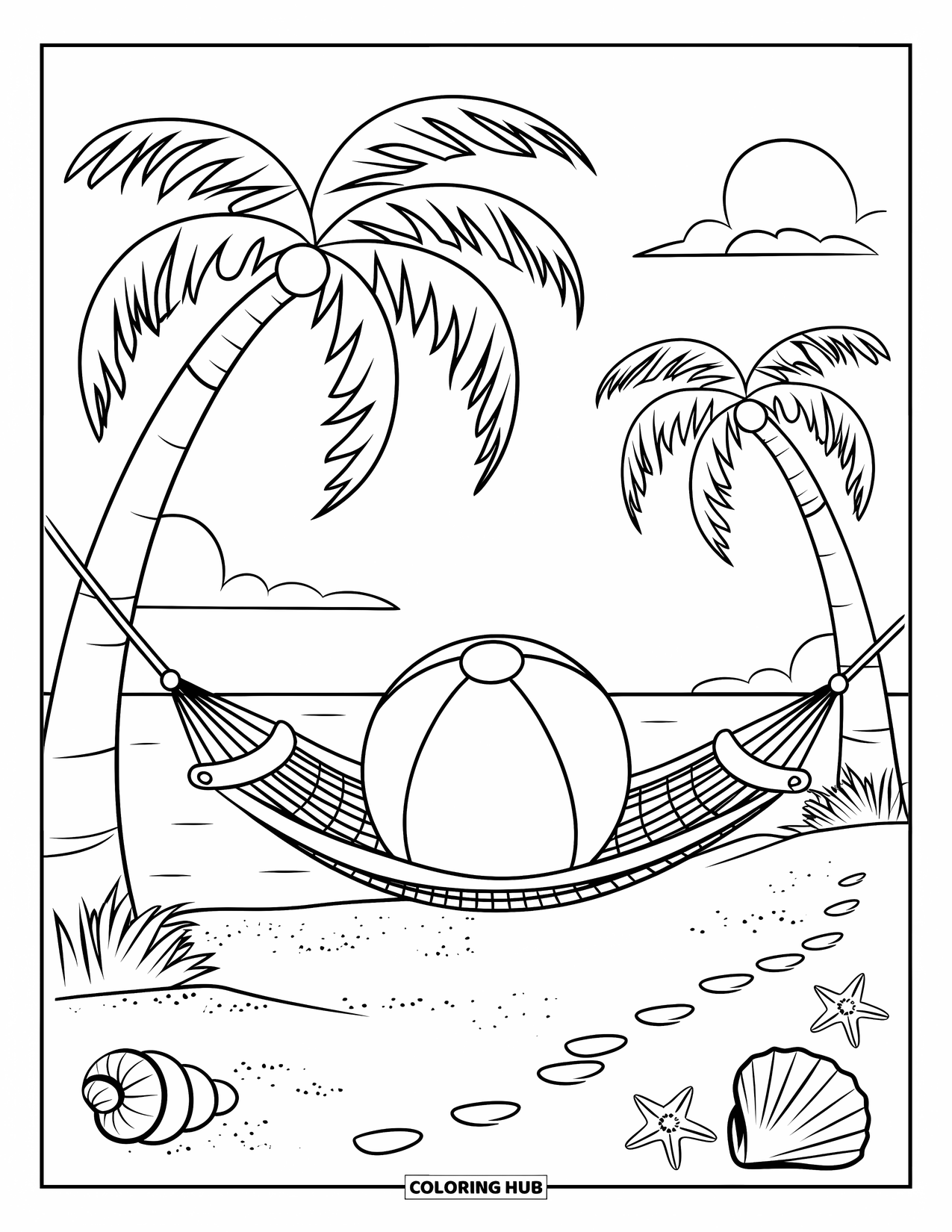 Strandbal Kleurplaat voor Volwassenen: Een hangmat gespannen tussen palmbomen met een strandbal en schelpen op het zand