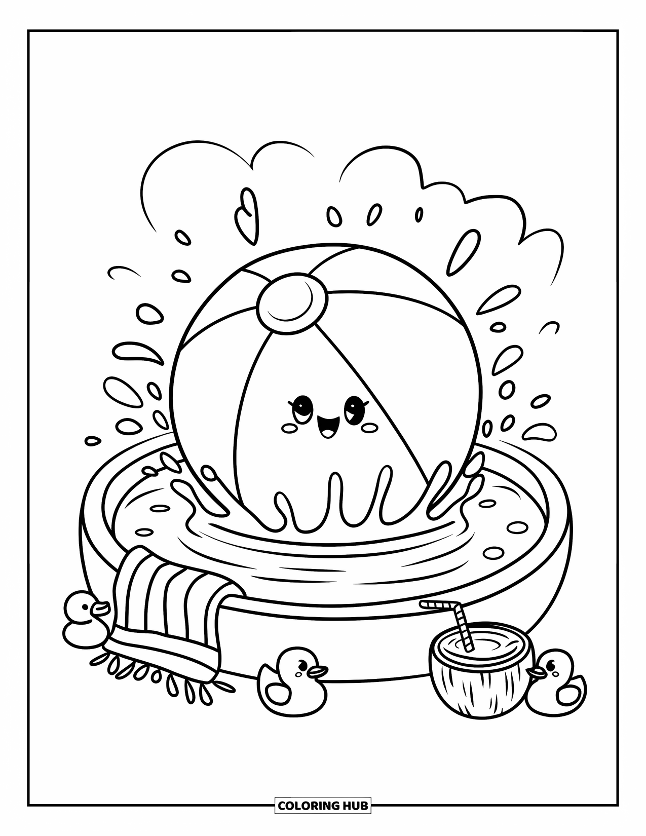 Strandbal Kleurplaat voor Volwassenen: Een vrolijke strandbal die in een klein zwembad drijft met rubber eendjes, speelse spetters en een kokosnootdrankje