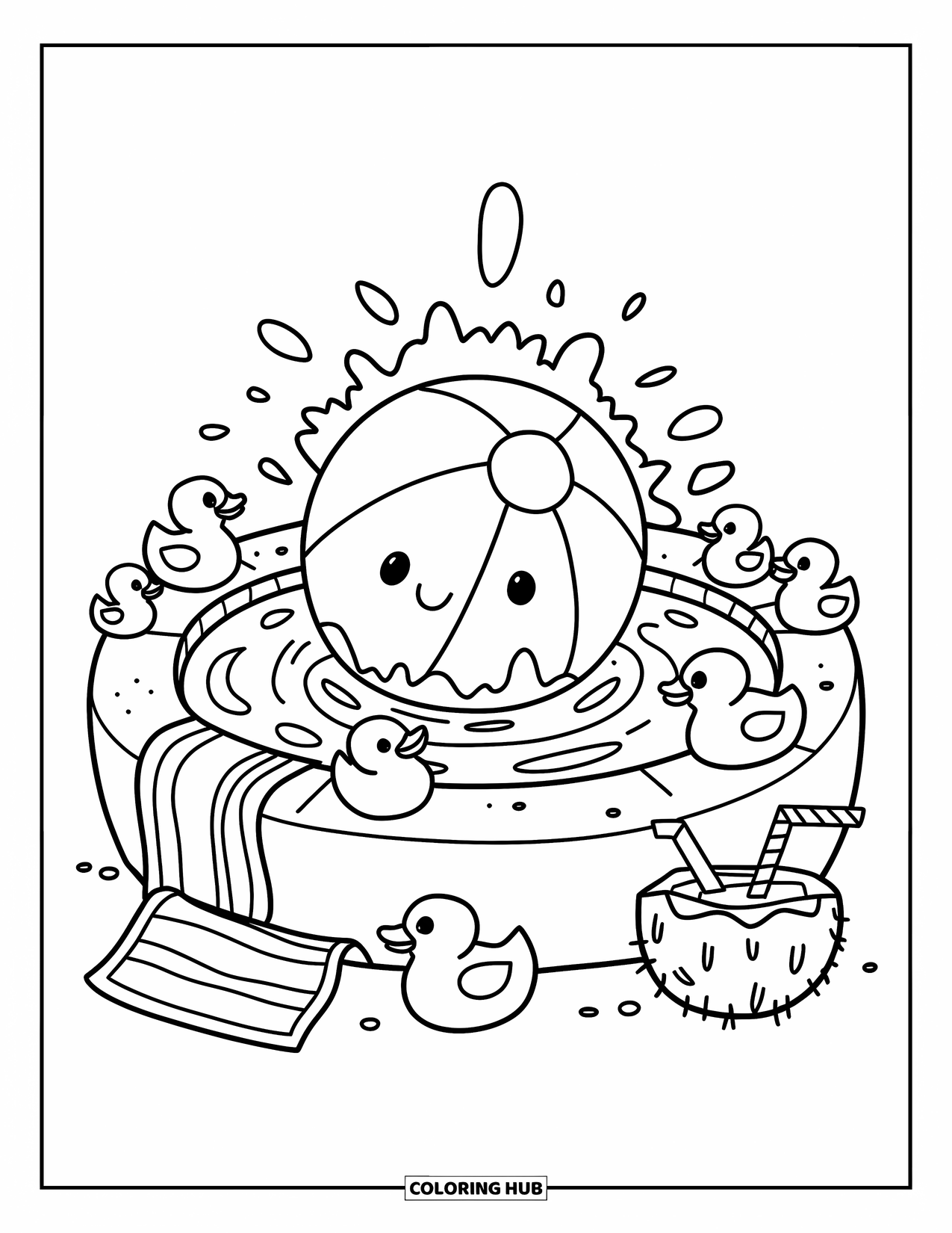 Strandbal Kleurplaat voor Volwassenen: Een kawaii strandbal die ontspant in een zwembad met rubber eendjes en een kleine handdoek op de rand