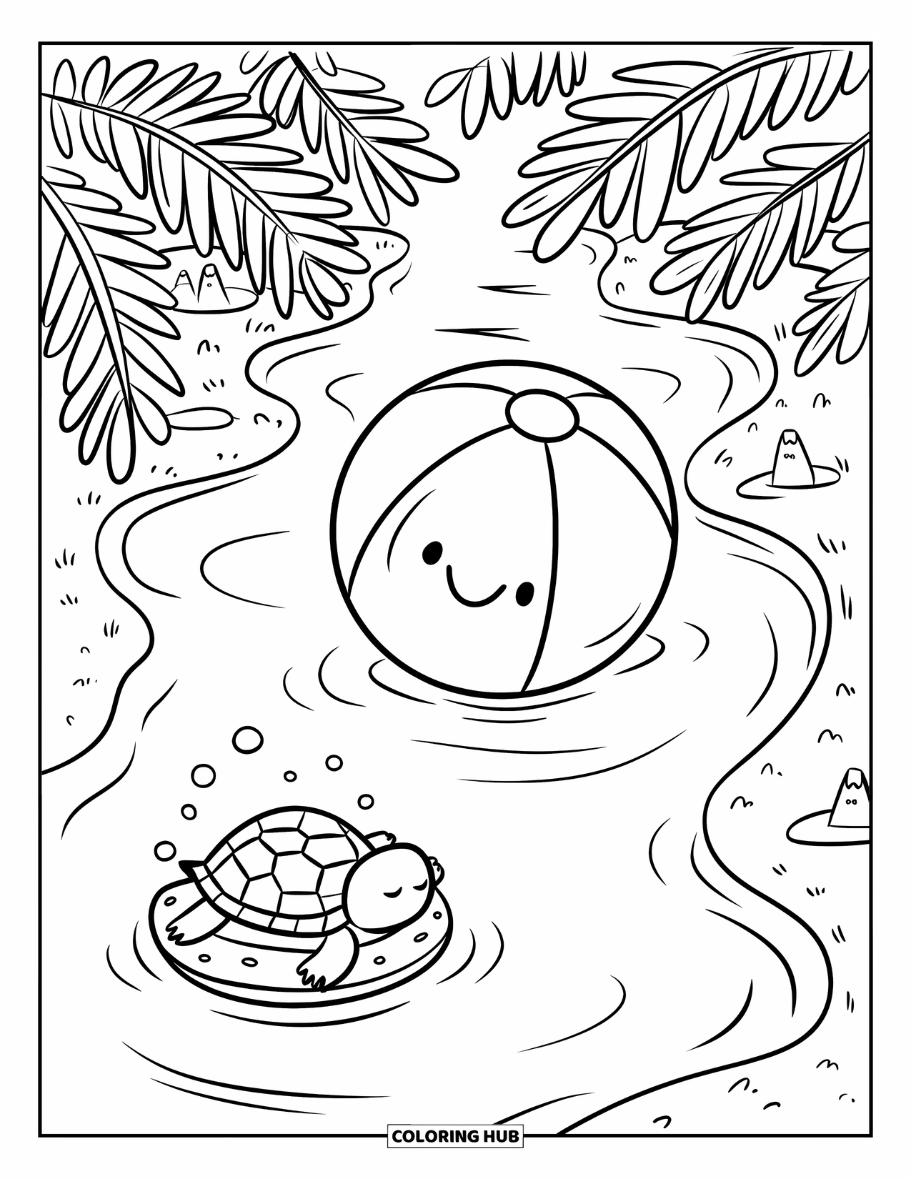 Strandbal Kleurplaat voor Volwassenen: Een lazy river scène met een strandbal, een slapende schildpad en zandkastelen op de achtergrond