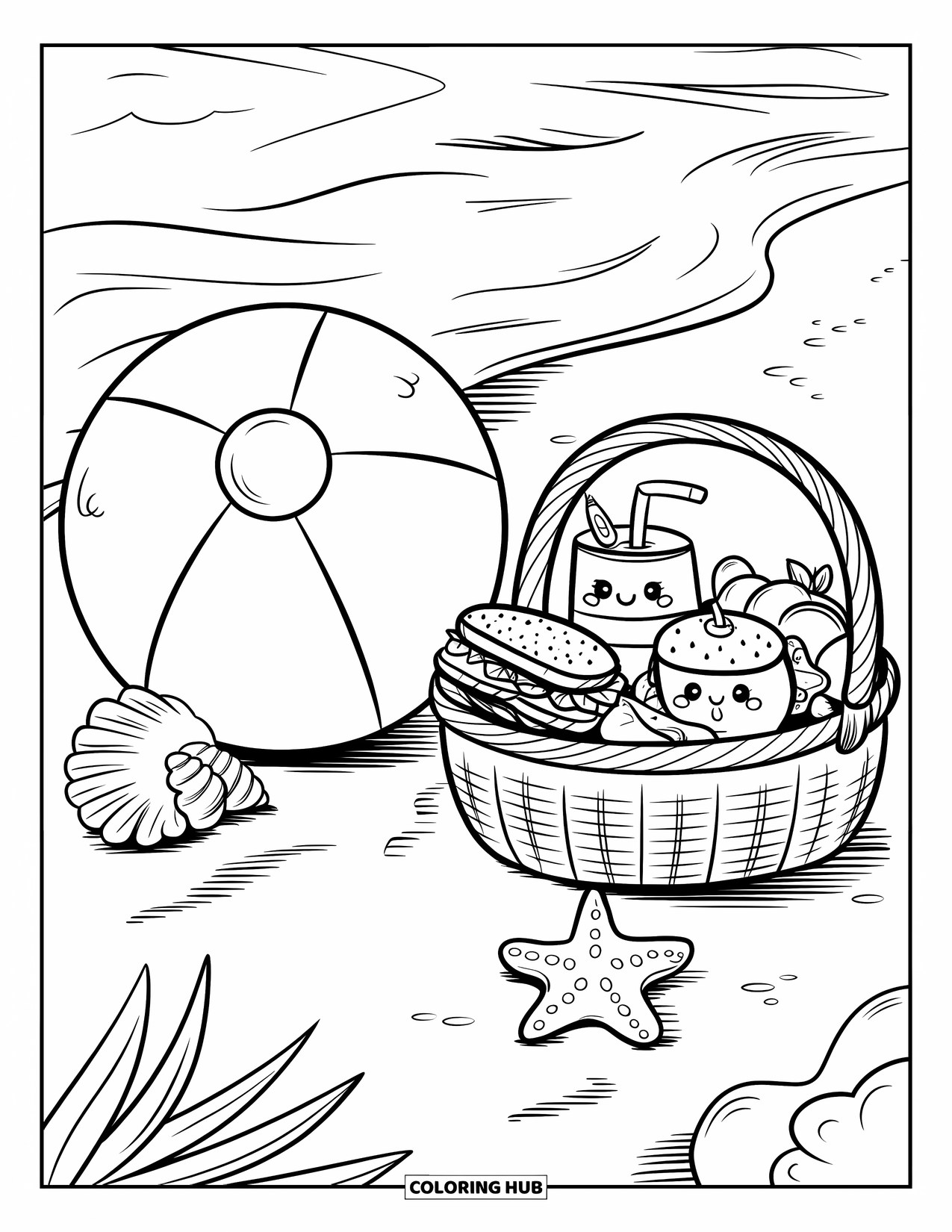 Strandbal Kleurplaat voor Volwassenen: Een picknick op het zand met een kawaii strandbal, een pakje sap en een kleine zeester die tevoorschijn komt
