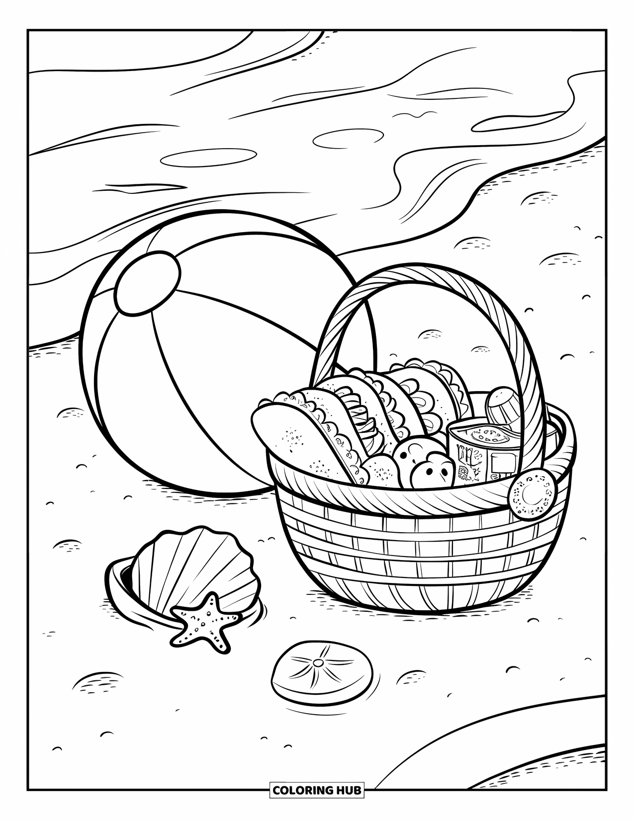 Strandbal Kleurplaat voor Volwassenen: Een ontspannende strandpicknick met een kawaii strandbal, een zacht zeebriesje en kleine zeedieren