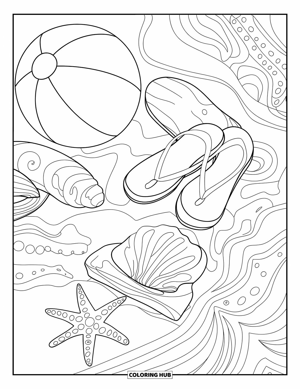Strandbal Kleurplaat voor Volwassenen: Een stilleven compositie met een strandbal, teenslippers, een zeester en een schelp