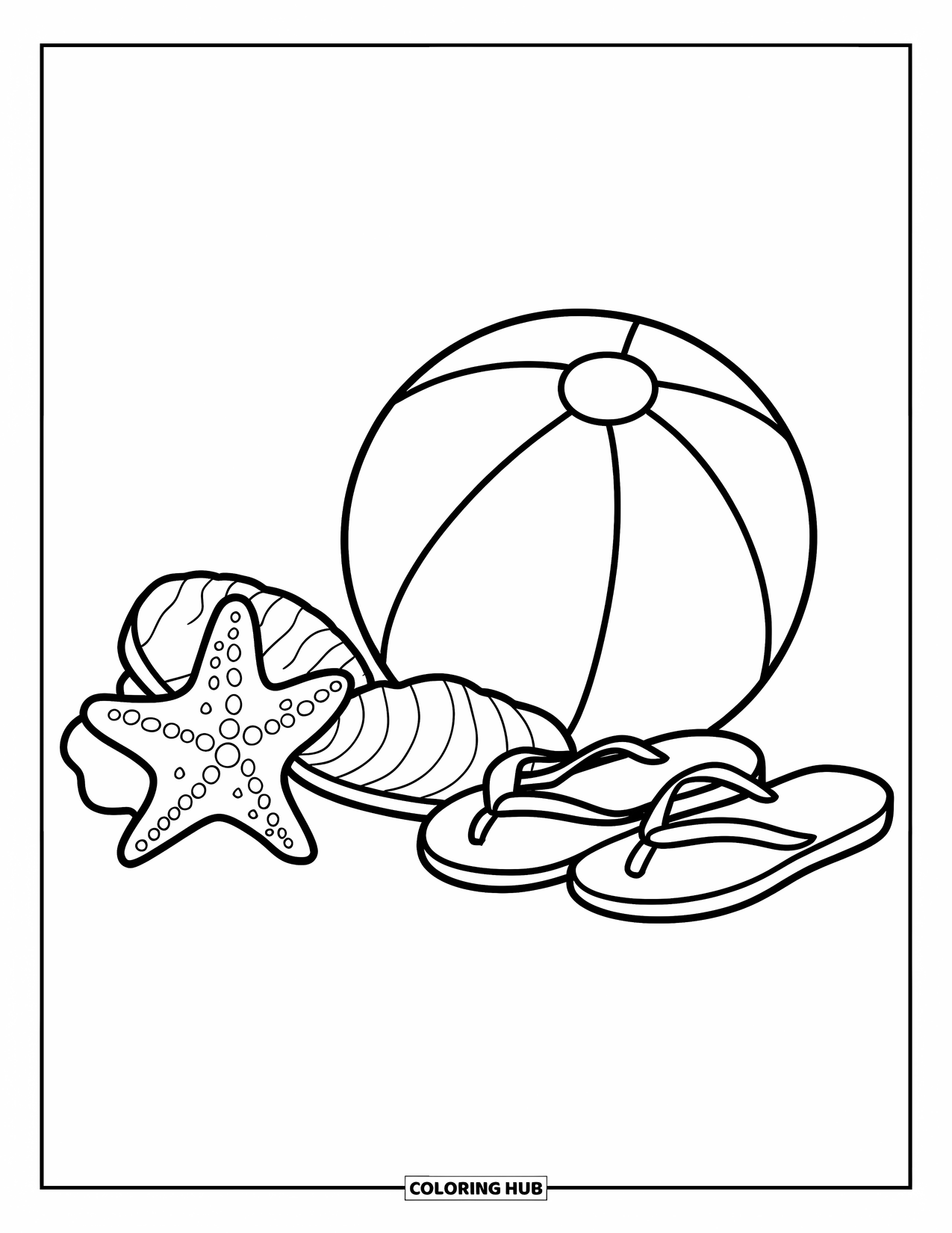 Strandbal Kleurplaat voor Volwassenen: Een gestreepte strandbal, teenslippers en schelpen gerangschikt in een artistieke stilleven weergave