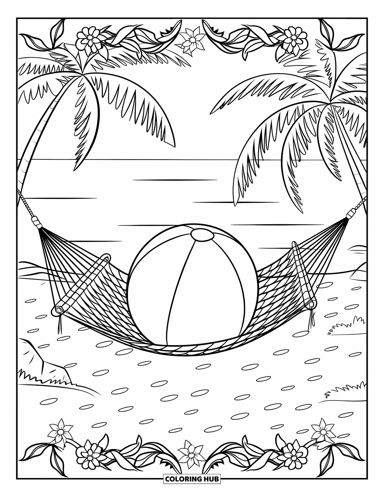 Strandbal Kleurplaat voor Volwassenen: Een tropische strandscène met een strandbal die rust op een hangmat tussen twee palmbomen