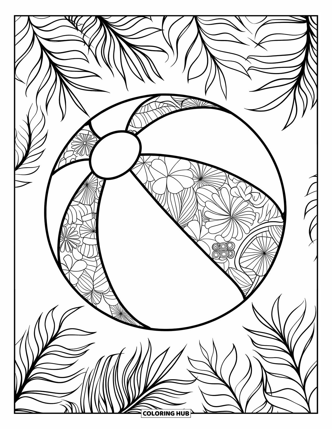 Strandbal Kleurplaat voor Volwassenen: Een strandbal met een tropisch thema versierd met grote bloemen en bladerrijke ontwerpen