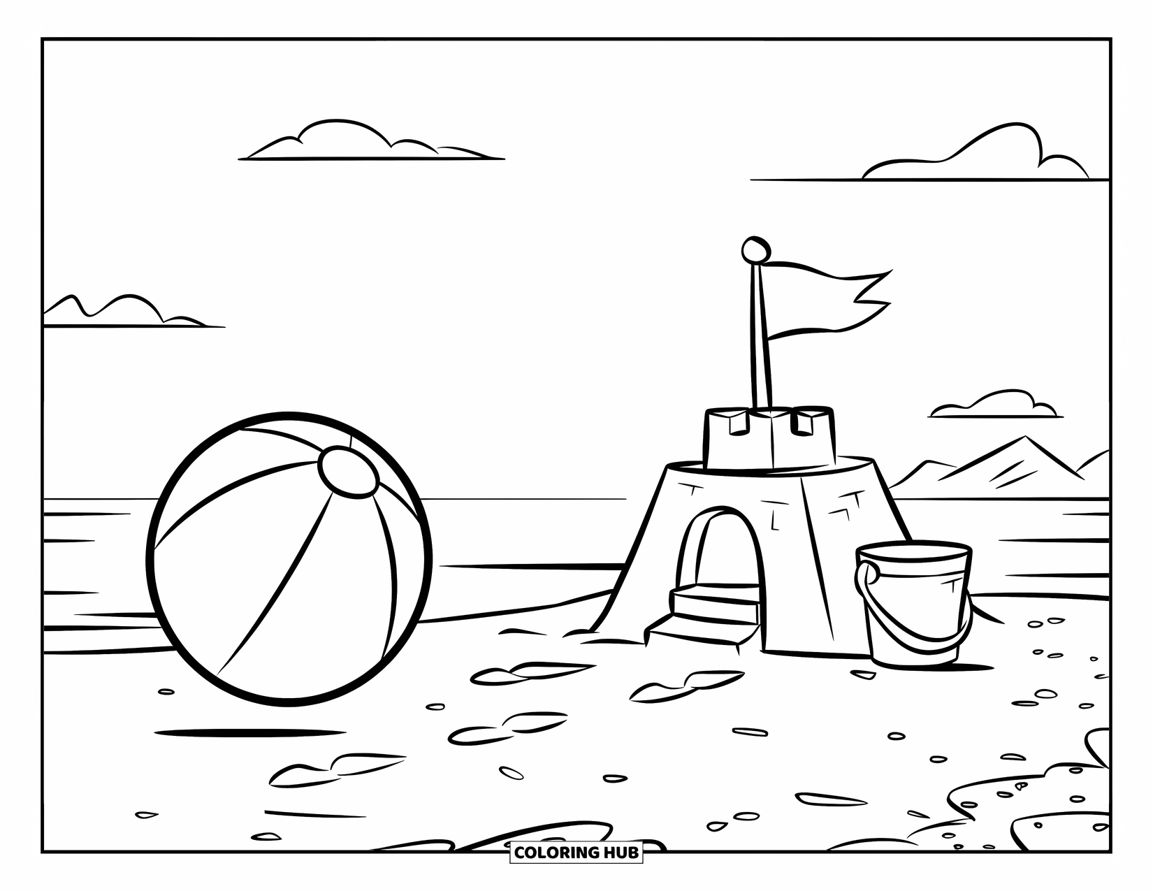 Strandbal Kleurplaat voor Kinderen: Een strandbal en een zandkasteel met voetstappen die ernaartoe leiden, gelegen op een vredig strand