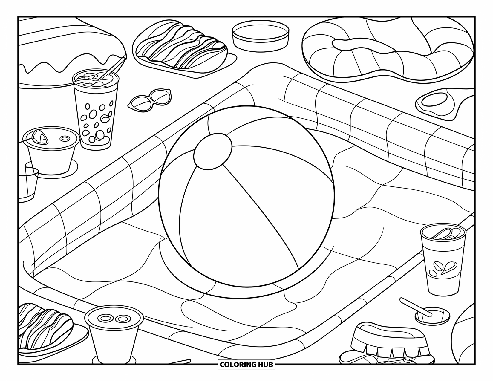 Strandbal Kleurplaat voor Kinderen: Een strandbal die in een zwembad drijft met snacks en drankjes verspreid