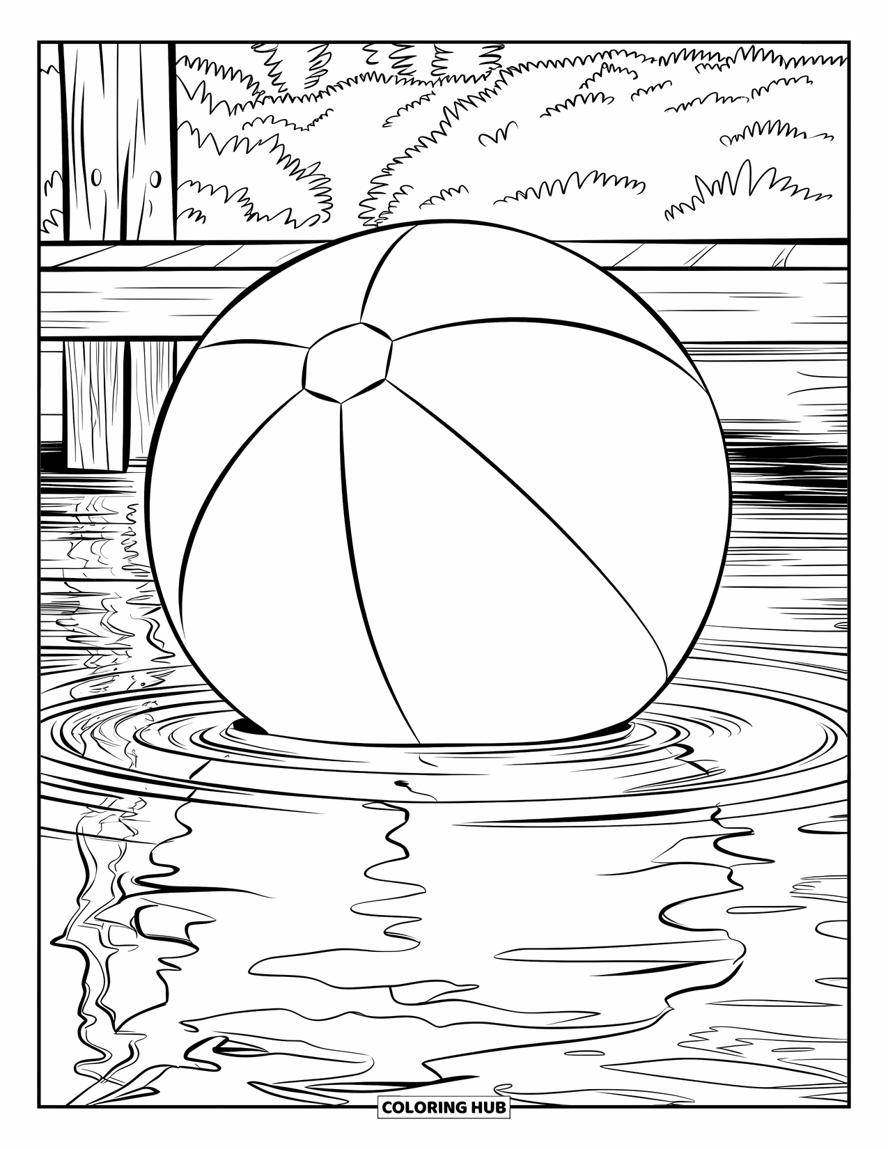 Strandbal Kleurplaat voor Kinderen: Een strandbal die op het water drijft met reflecties van bomen en een houten dok in de buurt