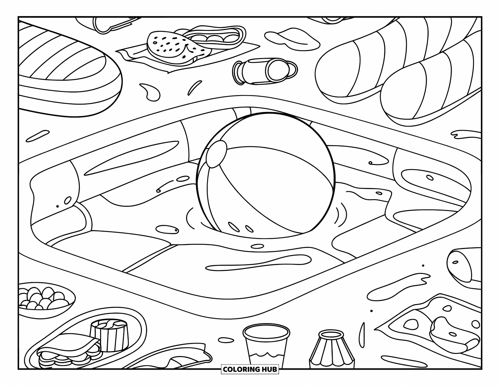 Strandbal Kleurplaat voor Kinderen: Een strandbal die drijft in een opblaasbaar zwembad, omringd door snacks, drankjes en zwembad drijfmiddelen