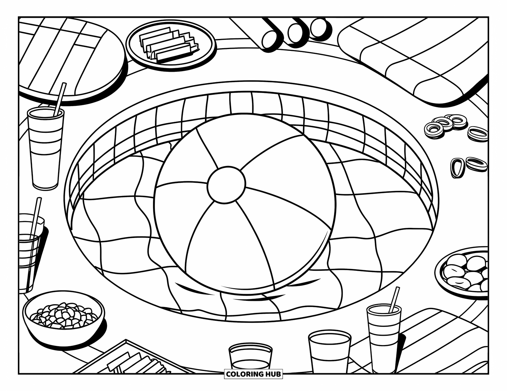 Strandbal Kleurplaat voor Kinderen: Een strandbal in een opblaasbaar zwembad met snacks en drijfmiddelen in de buurt op een schone achtergrond