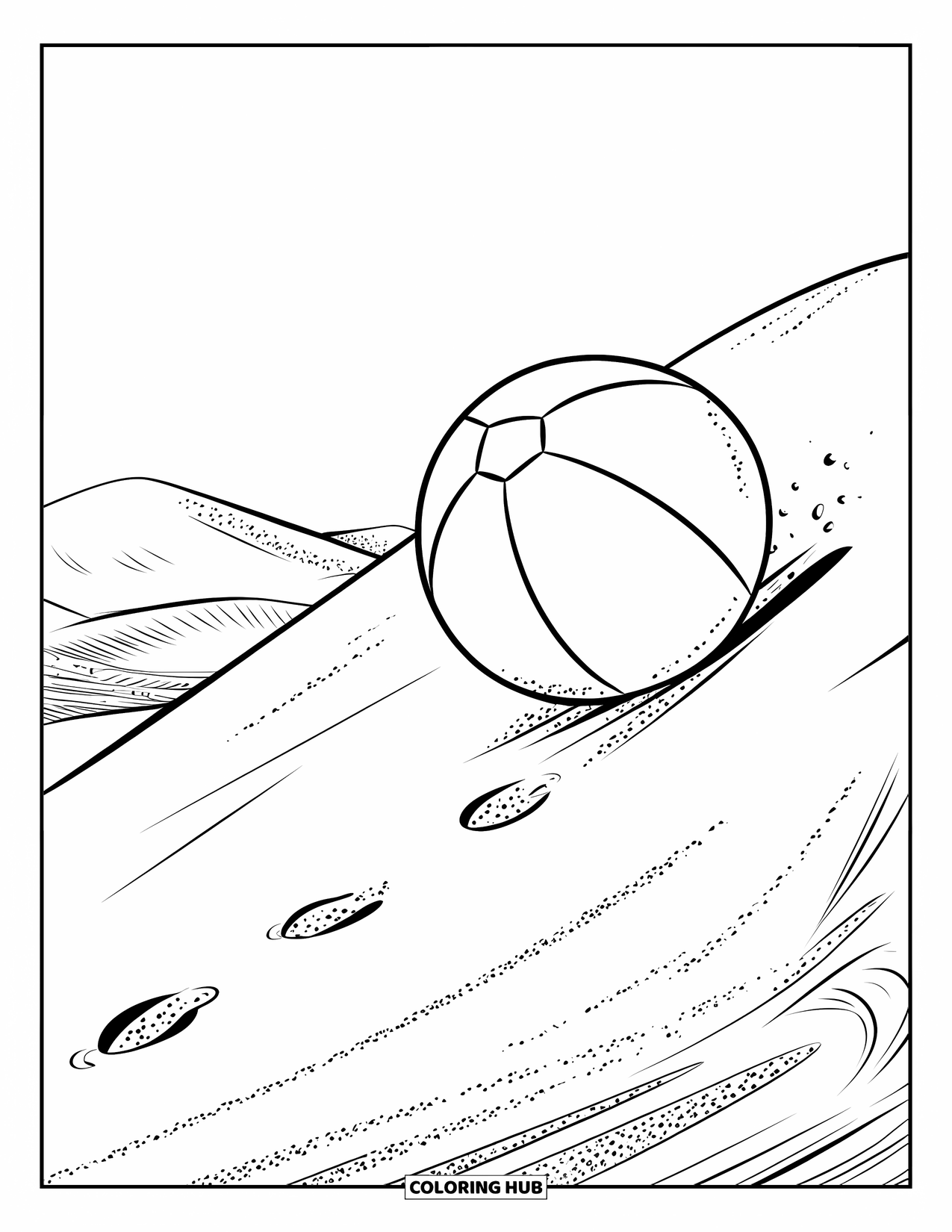 Strandbal Kleurplaat voor Kinderen: Een strandbal die een duin afrolt met voetstappen erachter en zandrimpels eromheen