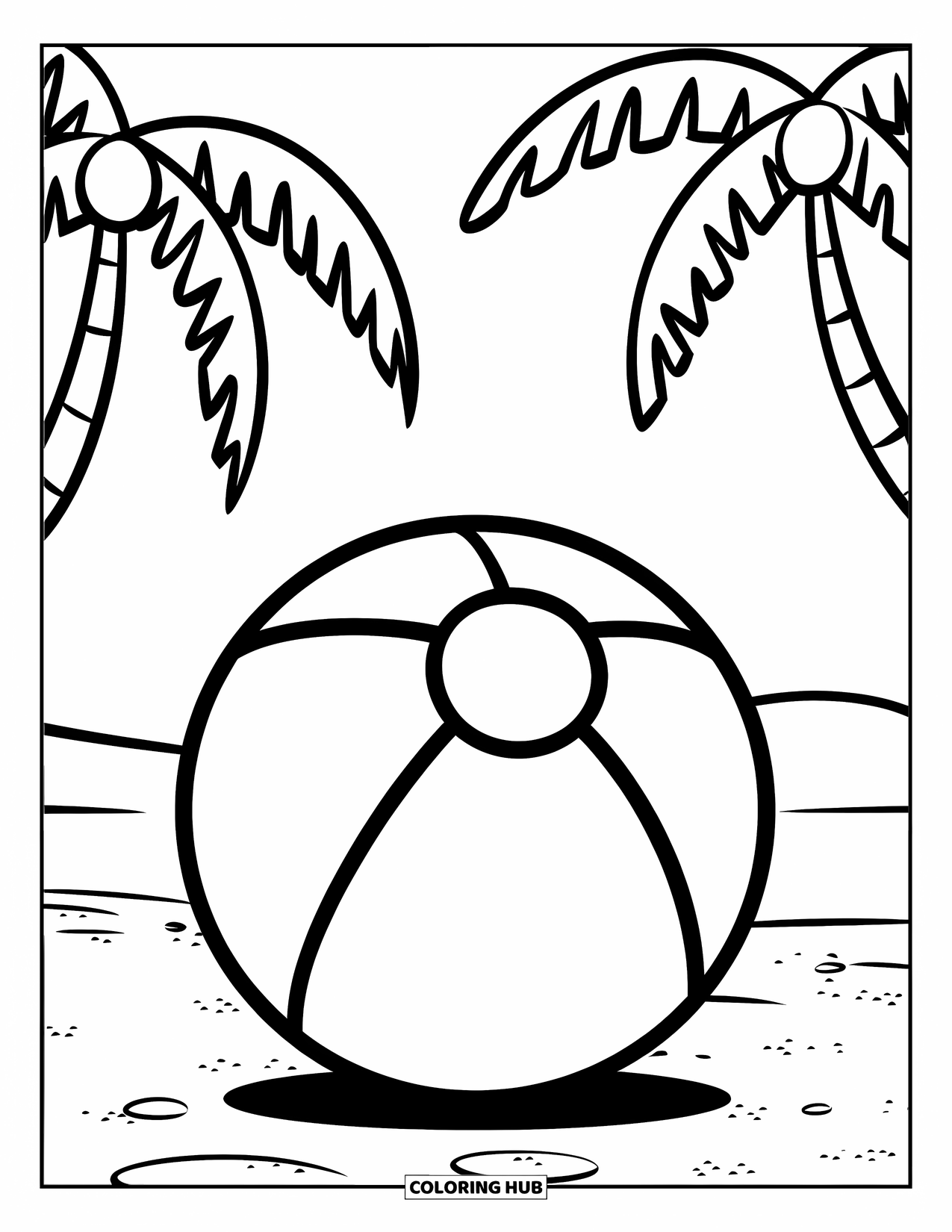 Strandbal Kleurplaat voor Kinderen: Een strandbal op een wit zandstrand met palmbomen op de achtergrond