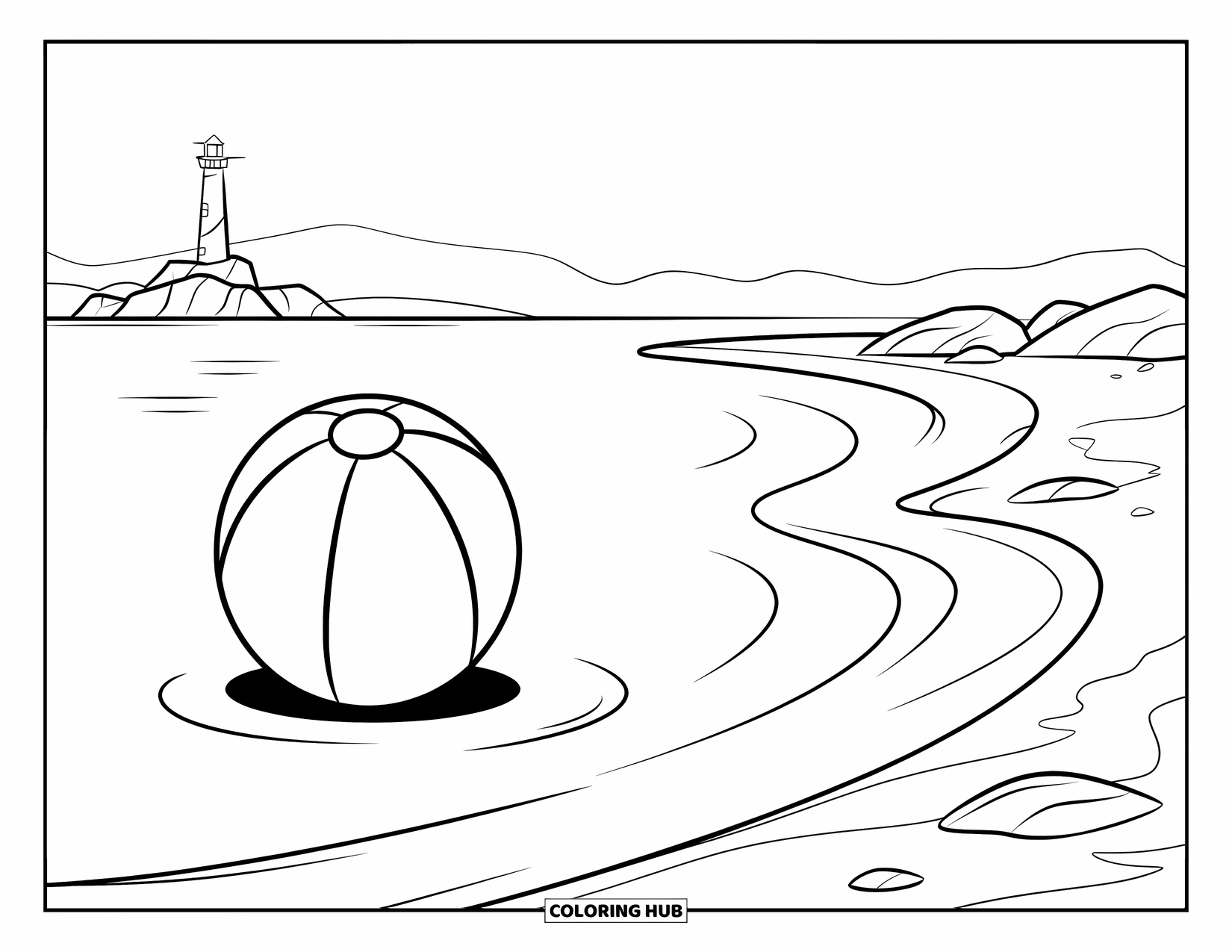 Strandbal Kleurplaat voor Kinderen: Een strandbal op de kust met golven die binnenrollen en een vuurtoren op de achtergrond