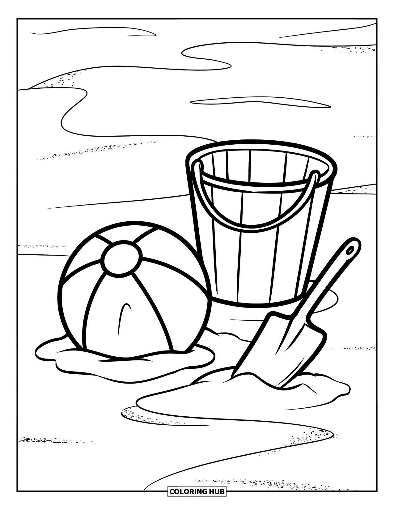 Strandbal Kleurplaat voor Kinderen: Een strandbal die gedeeltelijk in het zand is begraven met een emmer en een schep ernaast