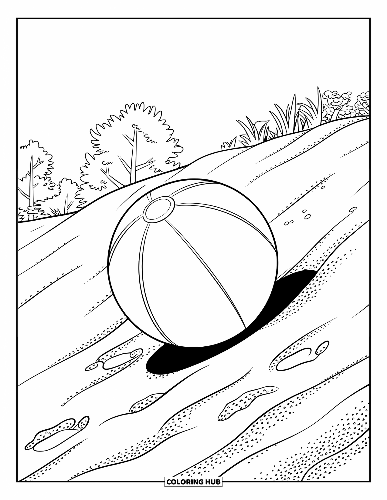 Strandbal Kleurplaat voor Kinderen: Een strandbal die een zandduin afrolt en voetstappen achterlaat in het getextureerde zand