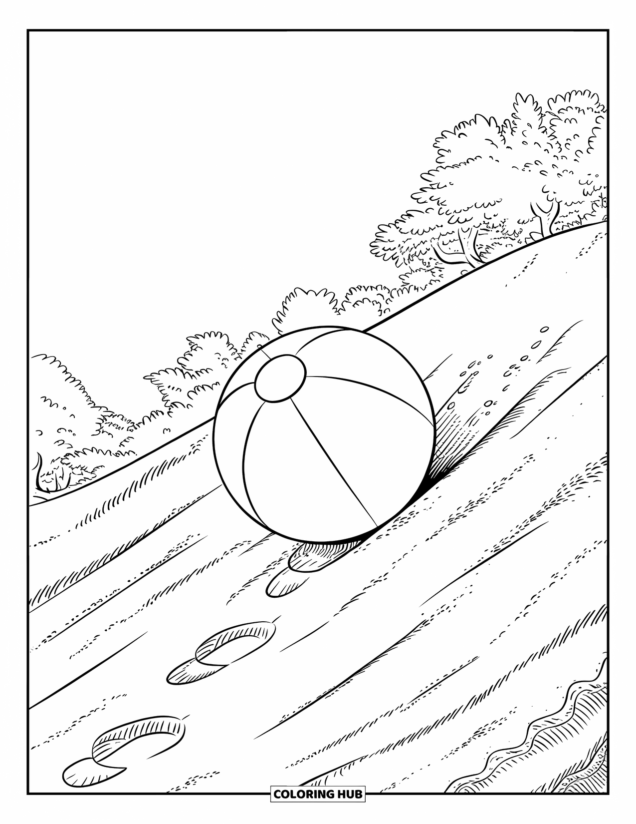 Strandbal Kleurplaat voor Kinderen: Een strandbal die een duin afrolt met voetstappen die ernaartoe leiden onder een heldere lucht