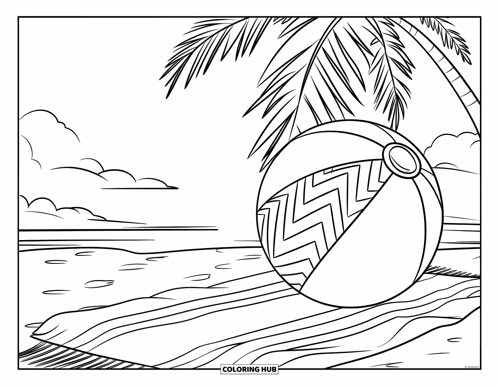 Strandbal Kleurplaat voor Kinderen: Een strandbal met een zigzagpatroon en een klein gat die op een handdoek aan de kust rust