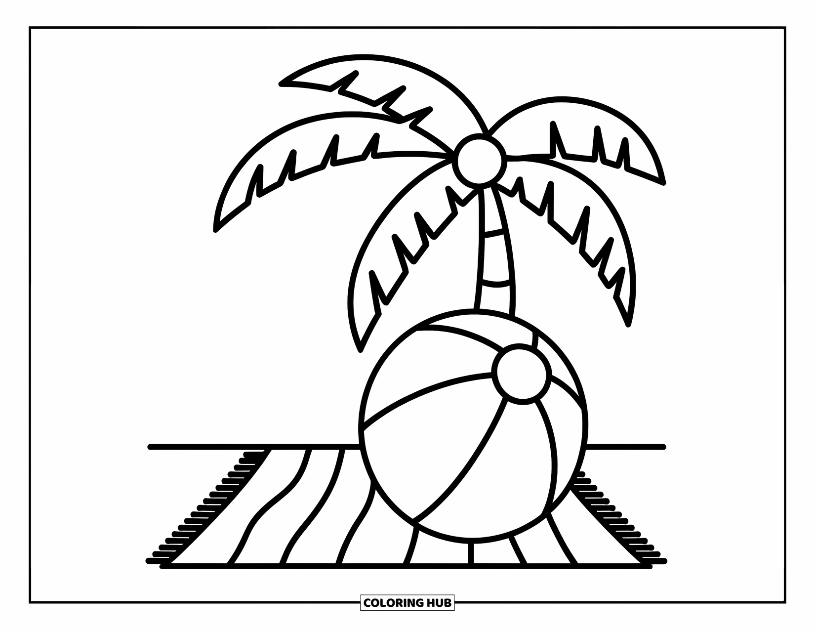 Strandbal Kleurplaat voor Kinderen: Een strandbal met een zigzagpatroon die op een handdoek rust onder een hoge palmboom