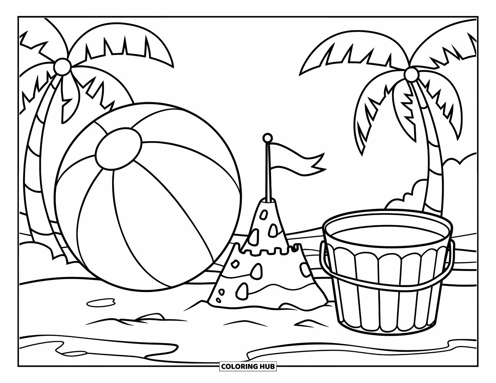 Strandbal Kleurplaat voor Kinderen: Een strandscène met een zandkasteel, een strandbal en palmbomen op de achtergrond