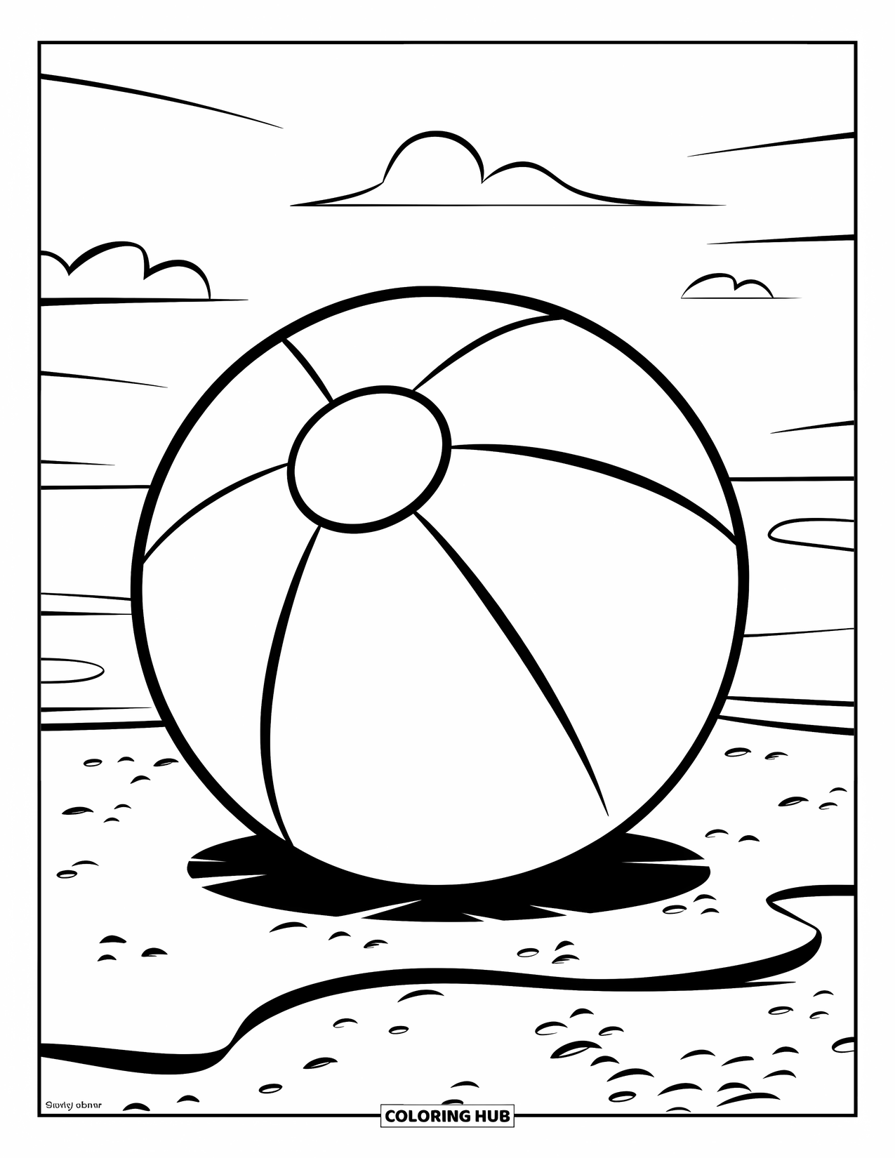Strandbal Kleurplaat voor Kinderen: Een vetgedrukte strandbal die rust op een zandstrand met een paar wolken erboven