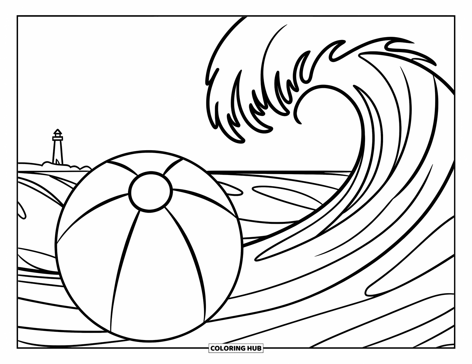 Strandbal Kleurplaat voor Kinderen: Een close-up van een strandbal in de buurt van rollende golven met een verre vuurtoren op de achtergrond