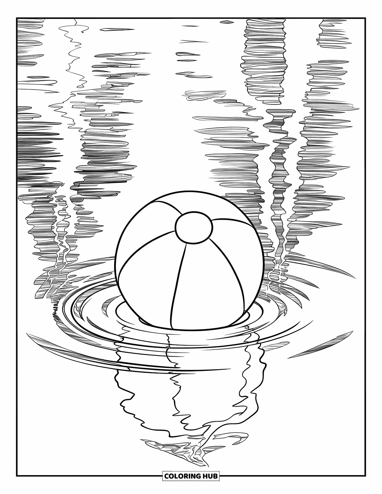 Strandbal Kleurplaat voor Kinderen: Een drijvende strandbal die de lucht en bomen weerspiegelt, waardoor een serene scène aan het meer ontstaat