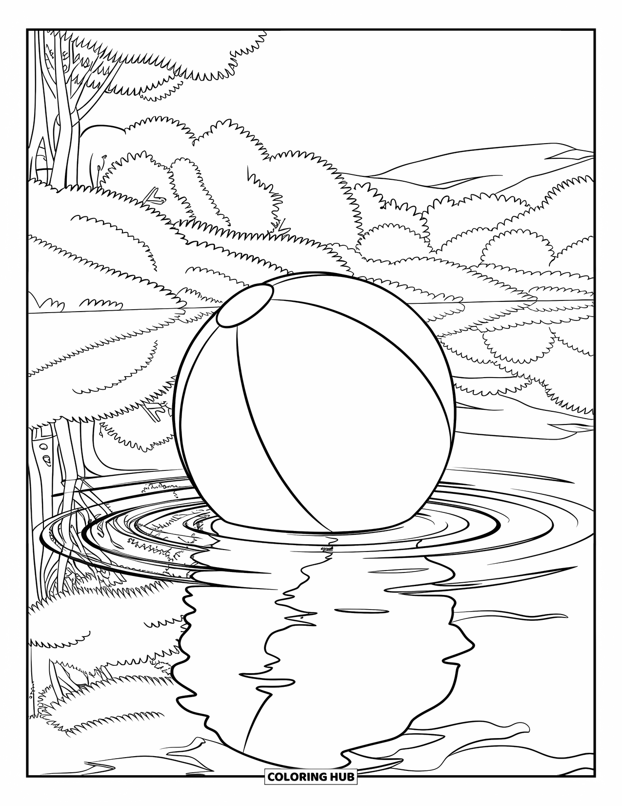 Strandbal Kleurplaat voor Kinderen: Een drijvende strandbal met rimpelend water dat bomen en een vredige lucht weerspiegelt