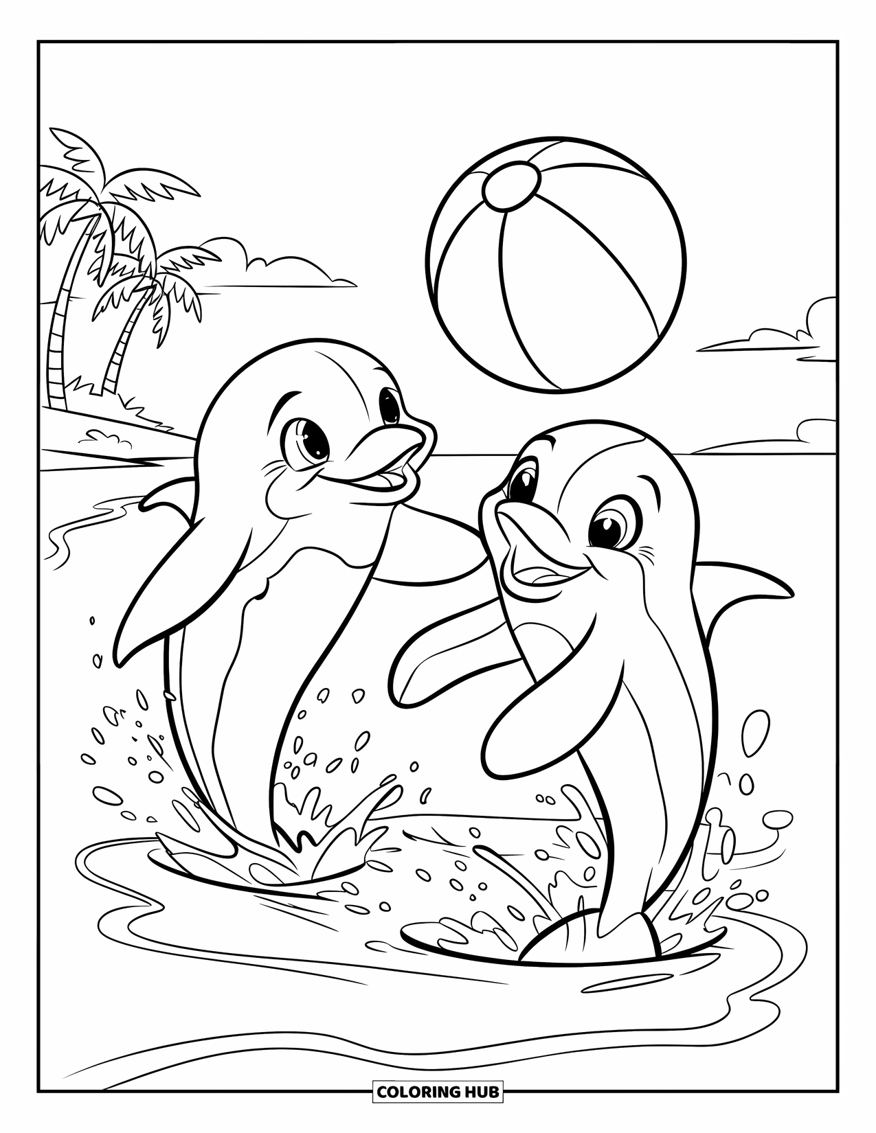 Strandbal Kleurplaat voor Kinderen: Een groep dolfijnen die spetteren en een strandbal gooien in de buurt van palmbomen op de kust