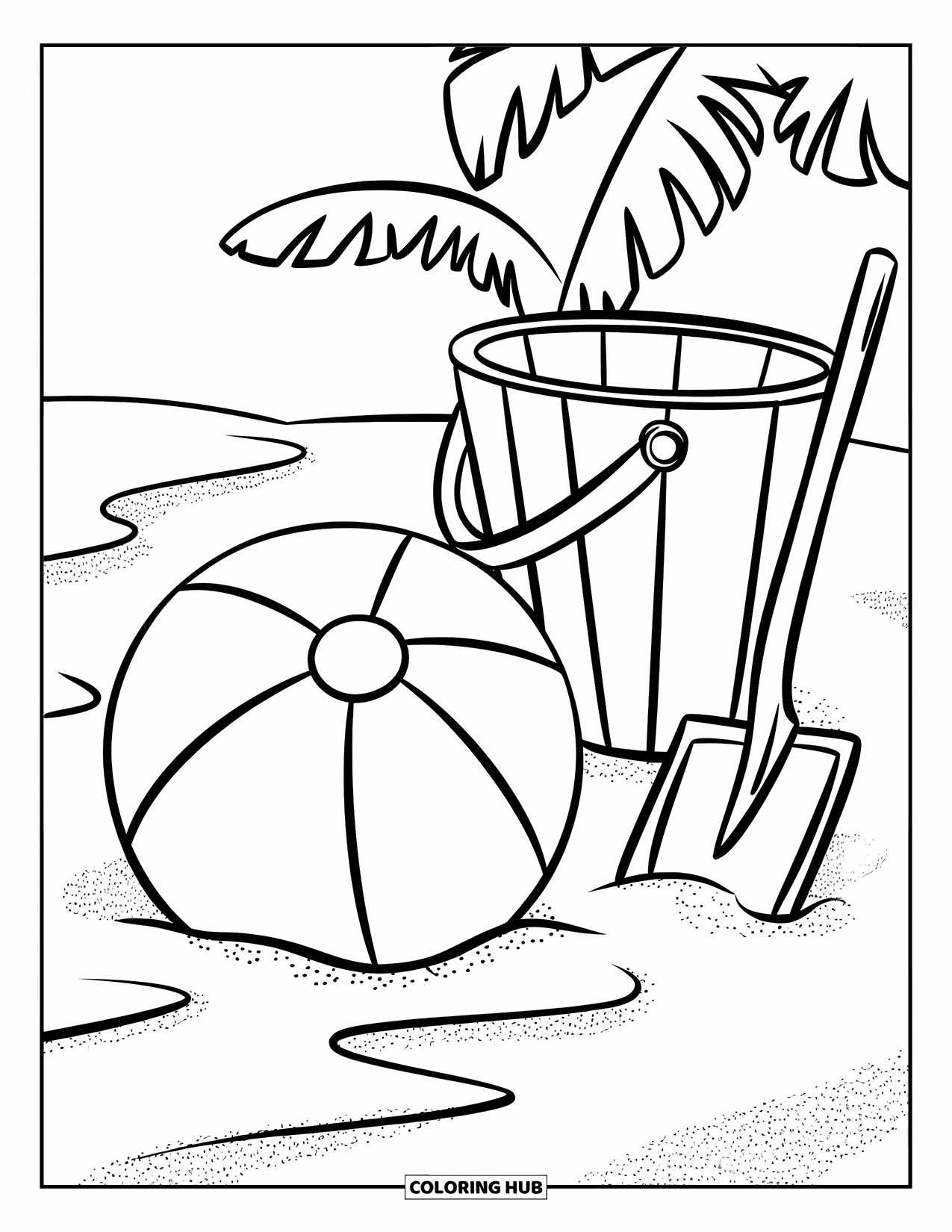 Strandbal Kleurplaat voor Kinderen: Een speelse strandscène met een begraven strandbal, een emmer en een schep in het zand