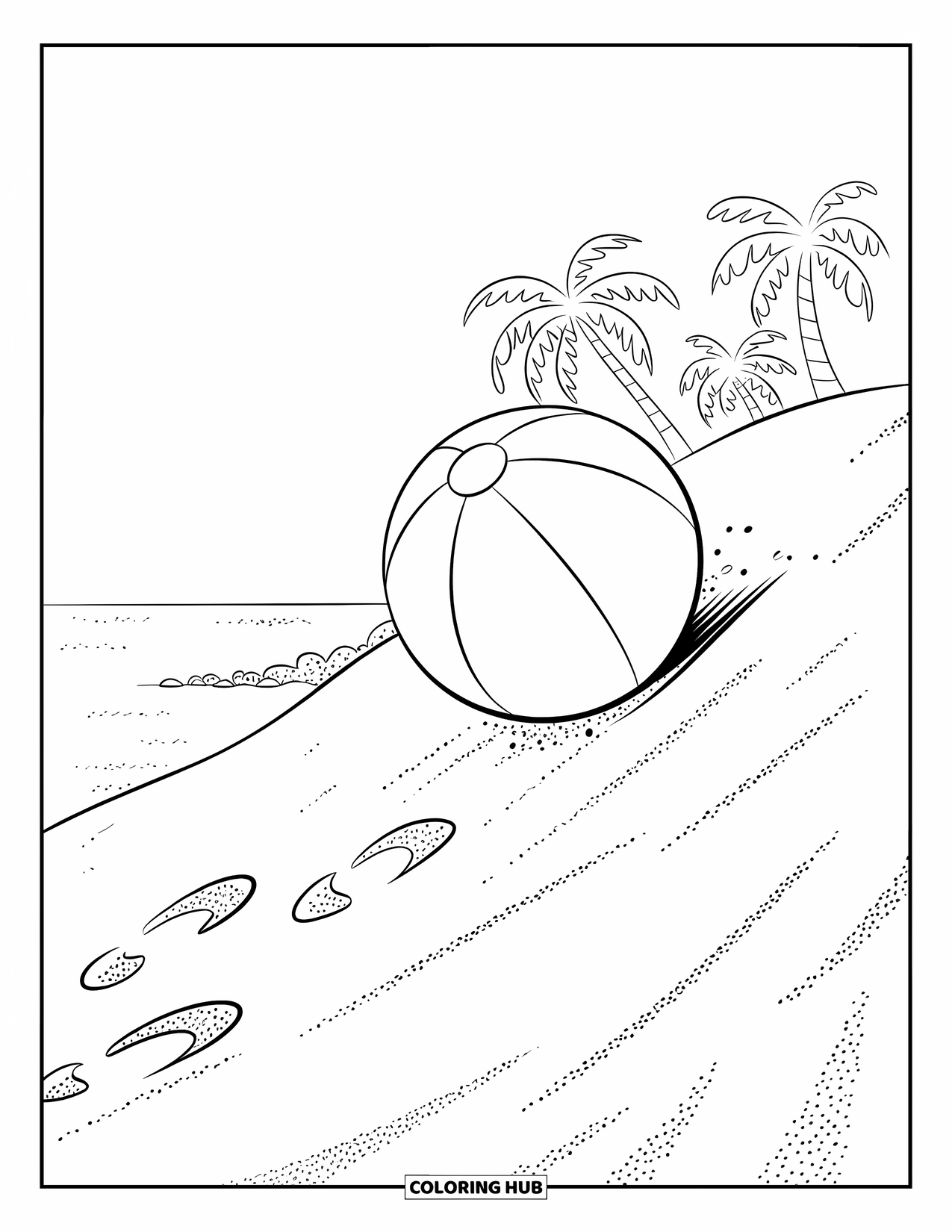 Strandbal Kleurplaat voor Kinderen: Een rollende strandbal op een zandduin met palmbomen en een heldere lucht op de achtergrond