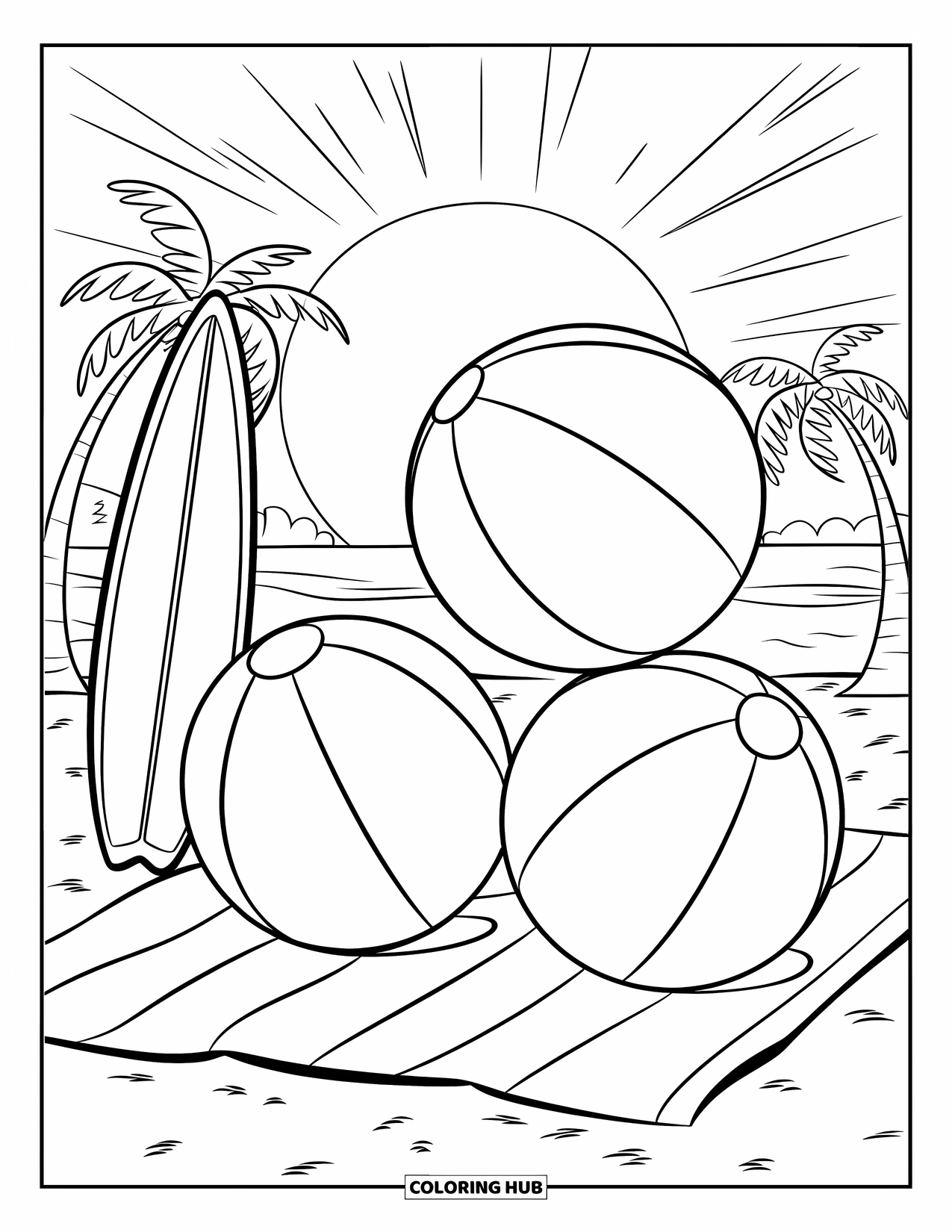 Strandbal Kleurplaat voor Kinderen: Een stapel van drie strandballen die op een handdoek rusten met een surfplank en palmbomen in de buurt