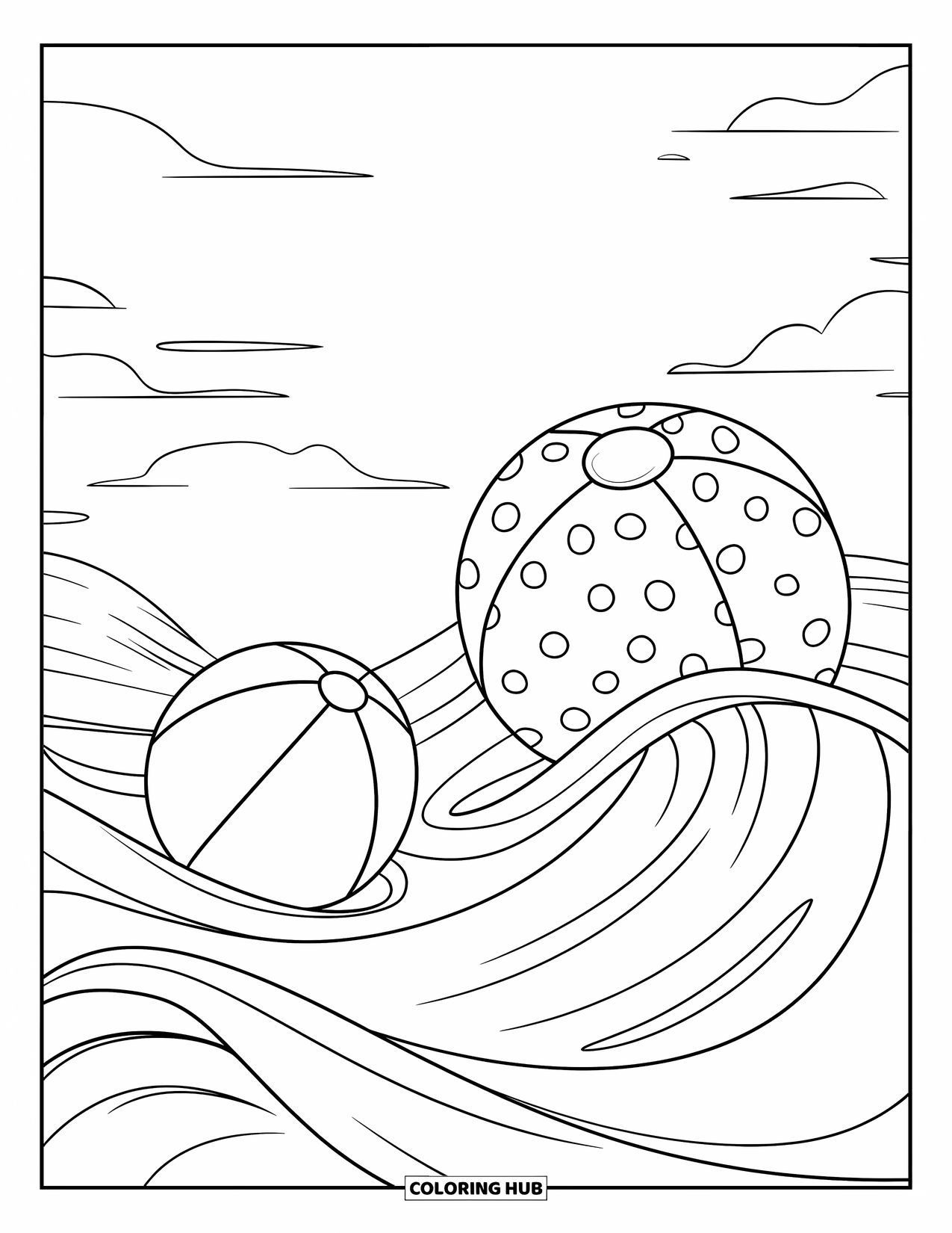 Strandbal Kleurplaat voor Kinderen: Een gestreepte en gestippelde strandbal die op de golven drijft onder een heldere lucht