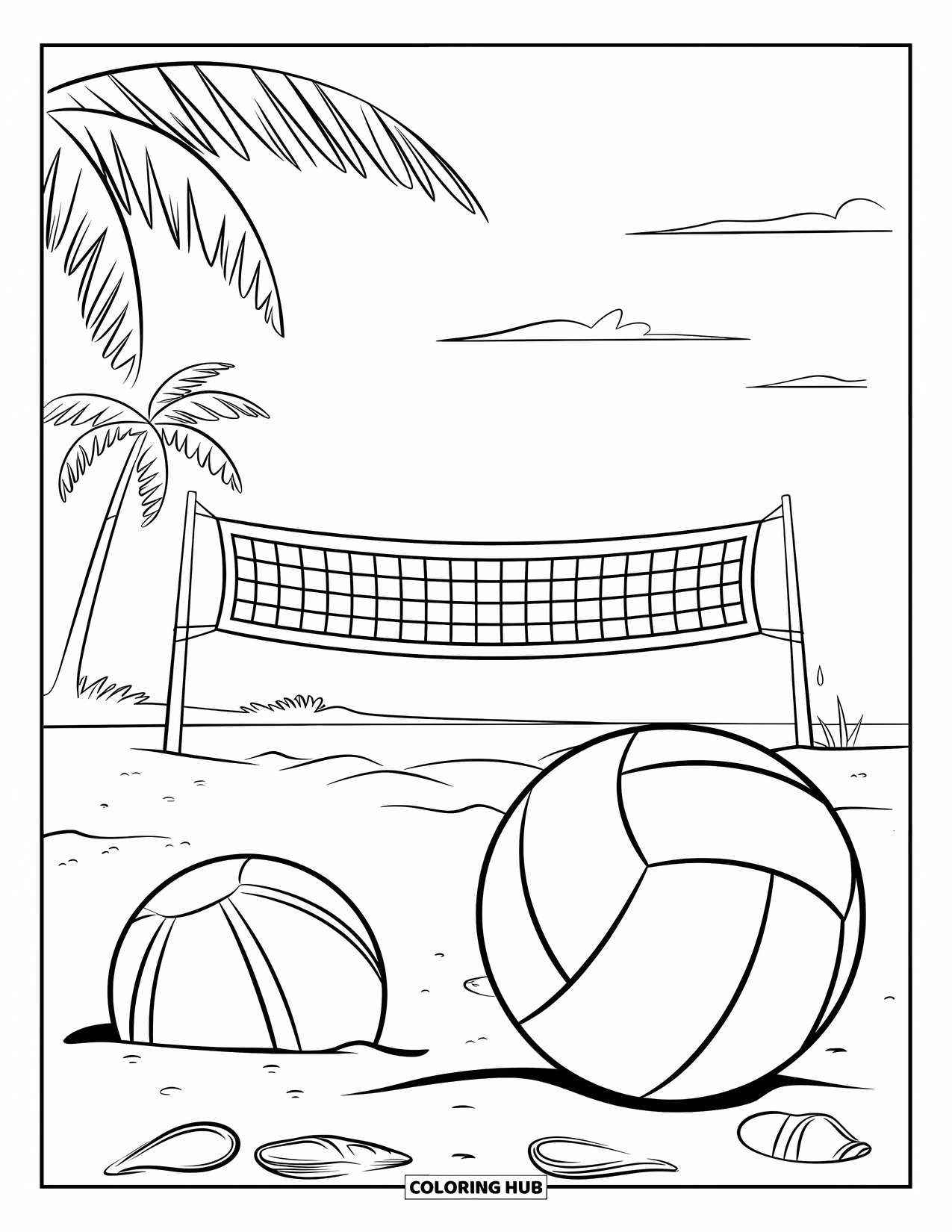 Strandbal Kleurplaat voor Kinderen: Een volleybalnet met strandballen die op het zand rusten onder een lucht met een paar wolken