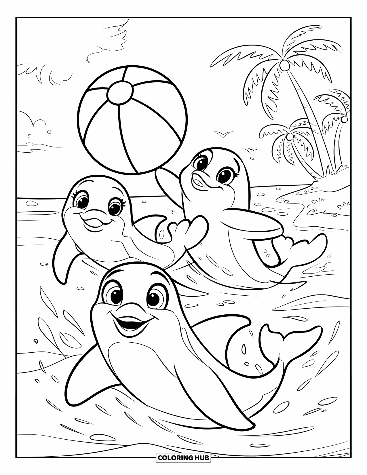 Strandbal Kleurplaat voor Kinderen: Dolfijnen die vrolijk een strandbal gooien terwijl ze in een zonnige zee zwemmen