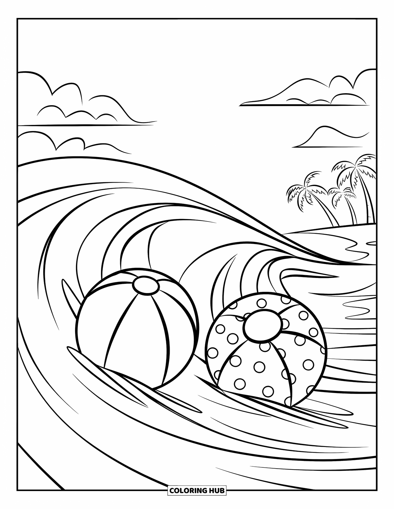 Strandbal Kleurplaat voor Kinderen: Twee strandballen met verschillende patronen die op de golven dobberen in de buurt van palmbomen
