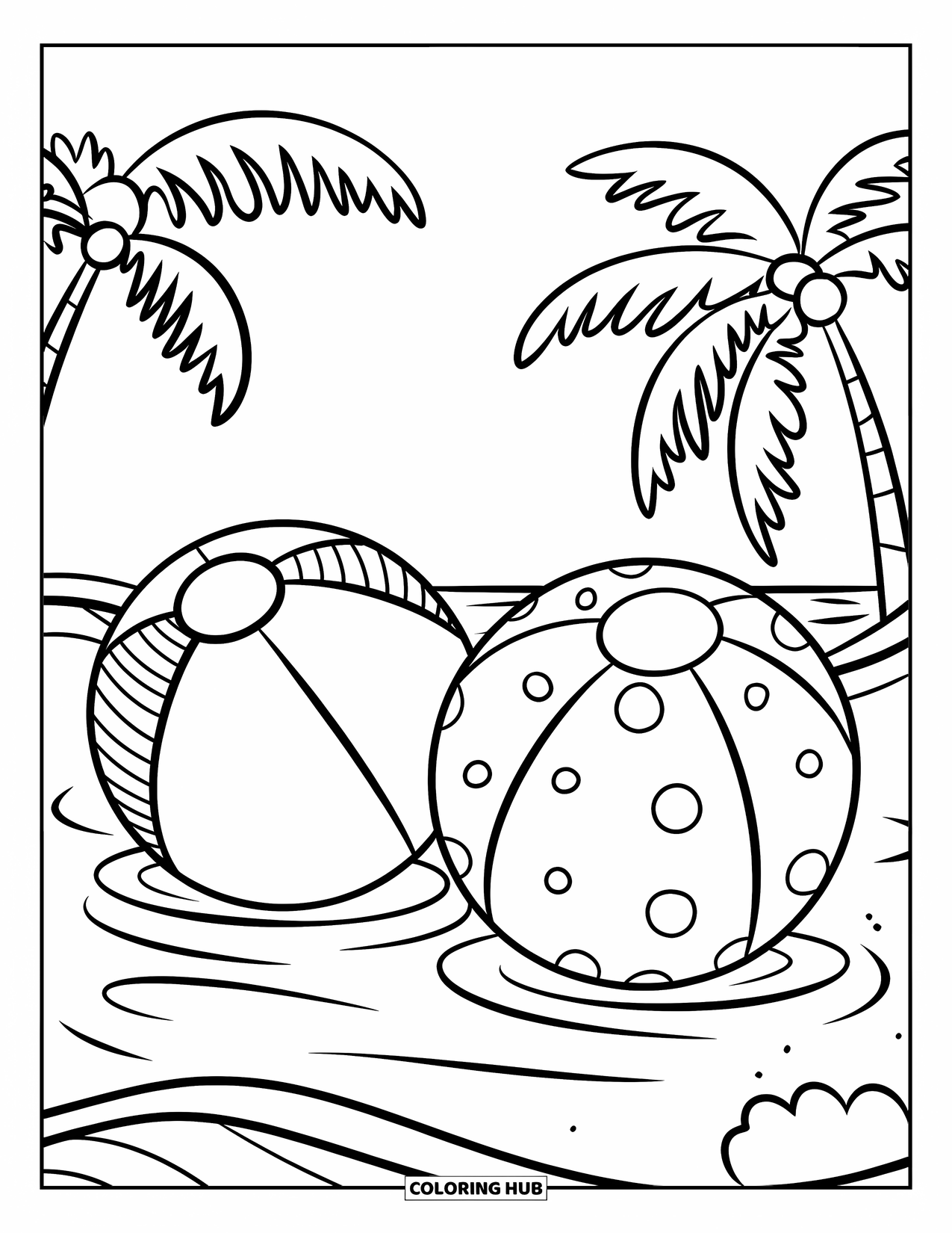 Strandbal Kleurplaat voor Kinderen: Twee strandballen met patroon die op zachte oceaangolven drijven in de buurt van de horizon
