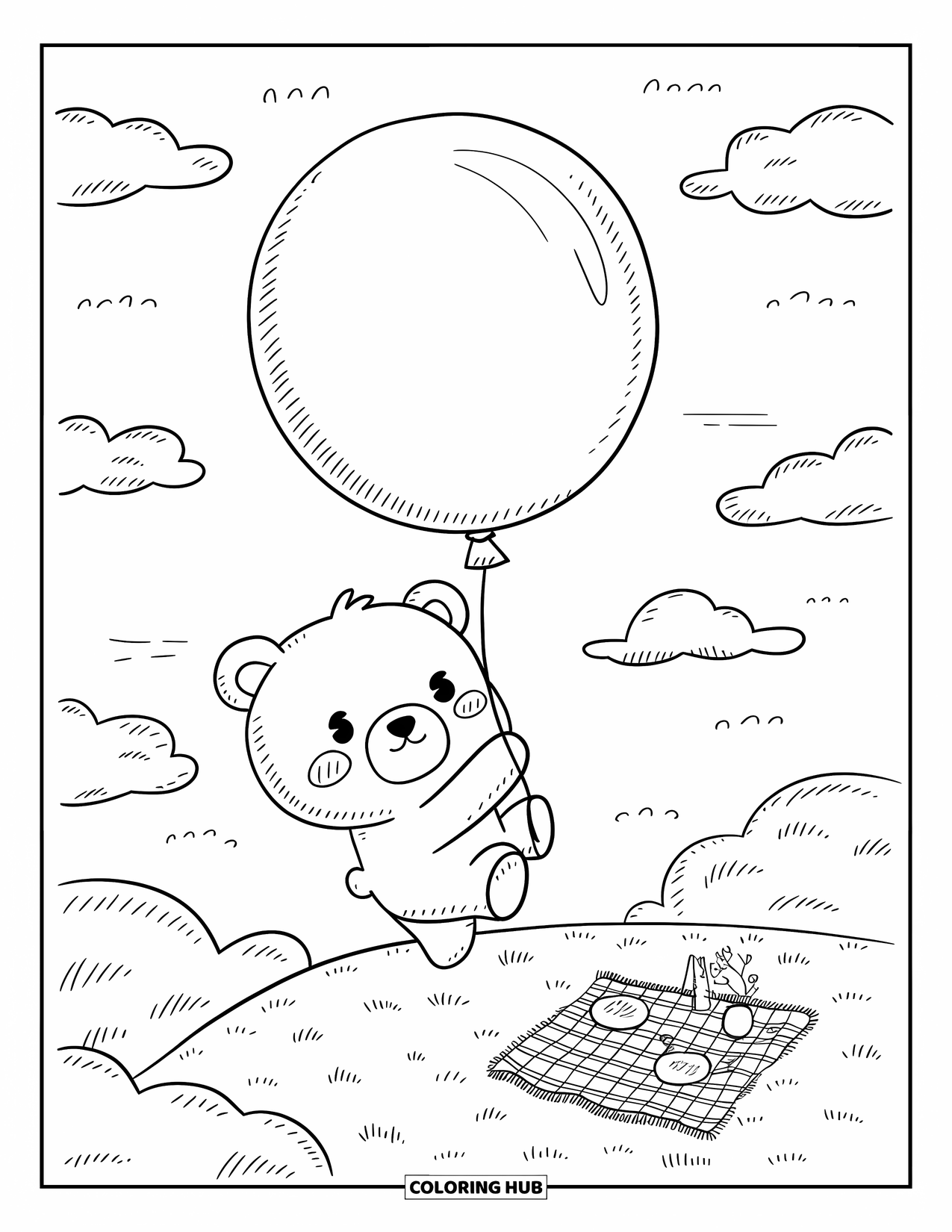 Disegno di orso da colorare per adulti: Un orso galleggia tenendo un grande palloncino sopra una minuscola scena da picnic