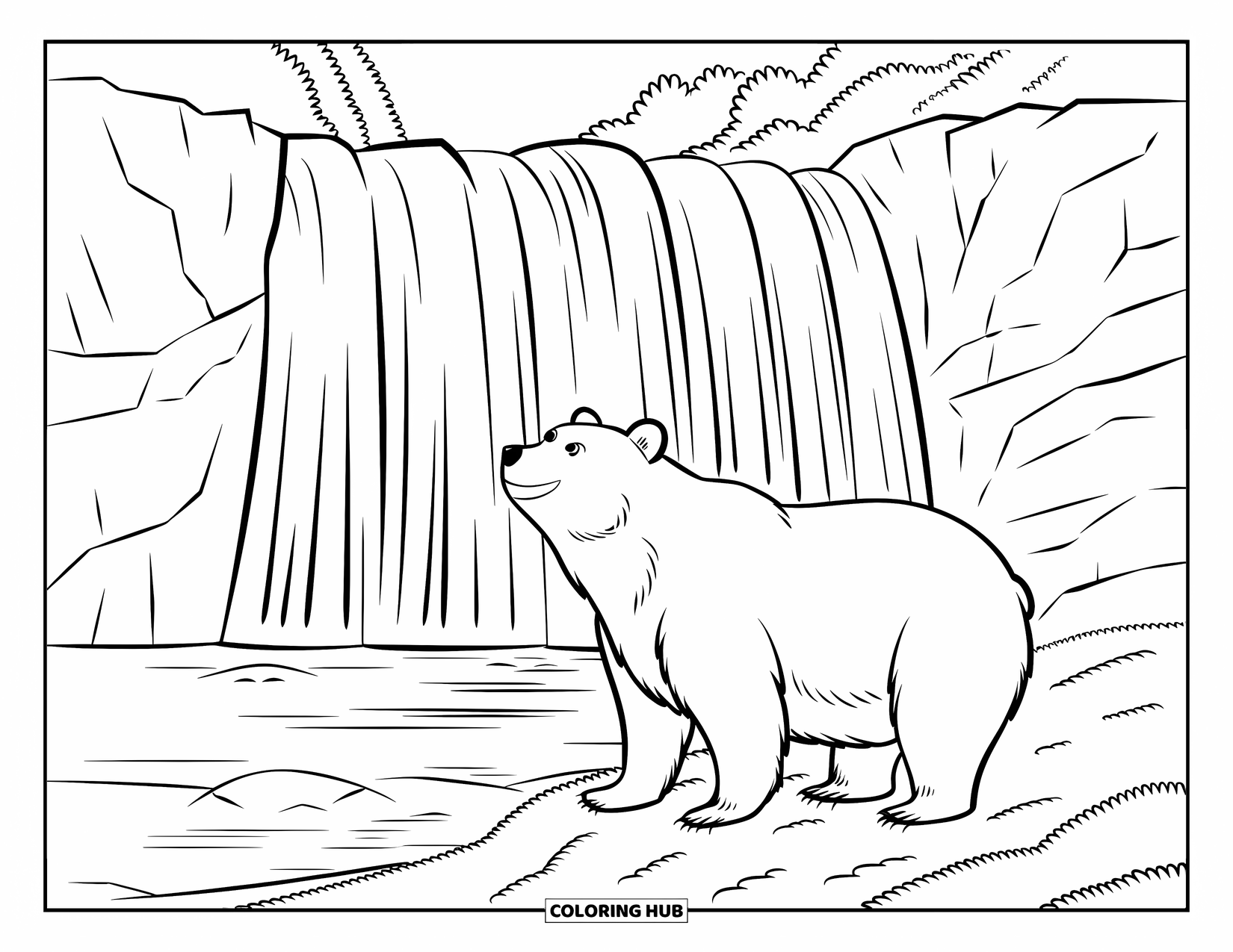 Disegno di orso da colorare per adulti: Un orso guarda in alto accanto a una cascata su una scogliera rocciosa tra il verde