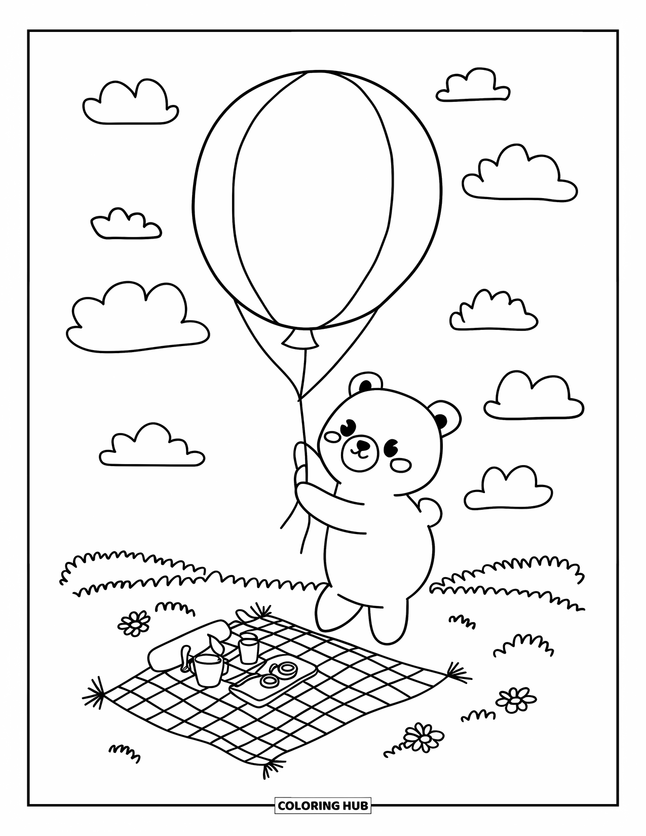 Disegno di orso da colorare per adulti: Un orso tiene un grande palloncino sopra un minuscolo picnic con una coperta a scacchi