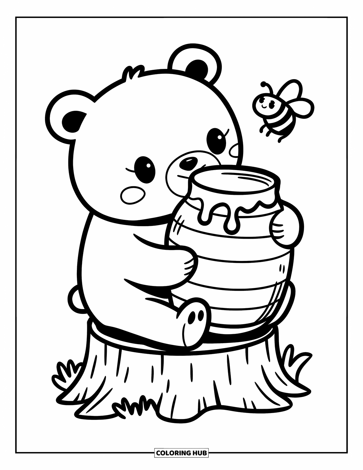 Disegno di orso da colorare per adulti: Un orso abbraccia un barattolo di miele su un ceppo d'albero mentre un'ape ronza