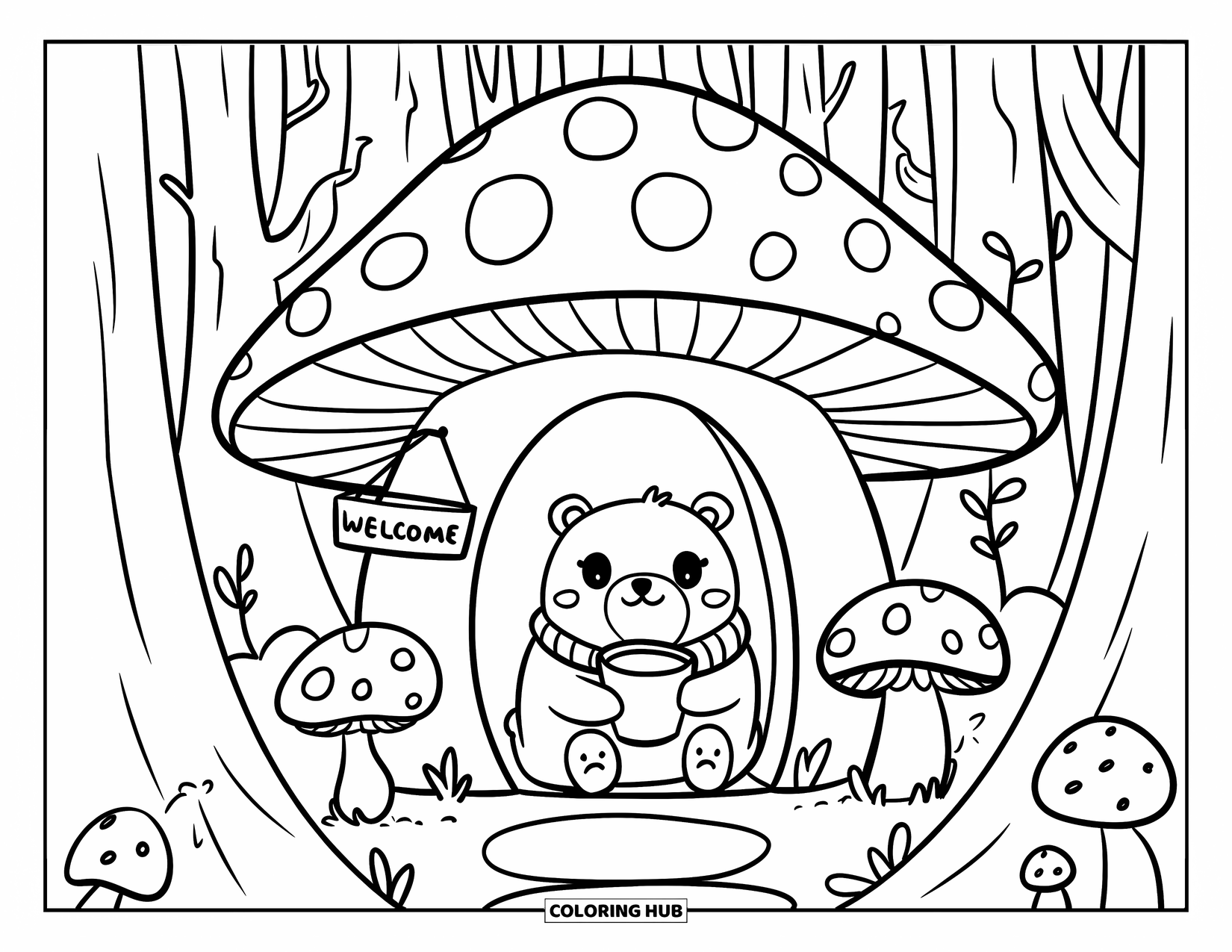 Disegno di orso da colorare per adulti: Un orso con una sciarpa siede in una casa a forma di fungo tenendo una tazza di cacao